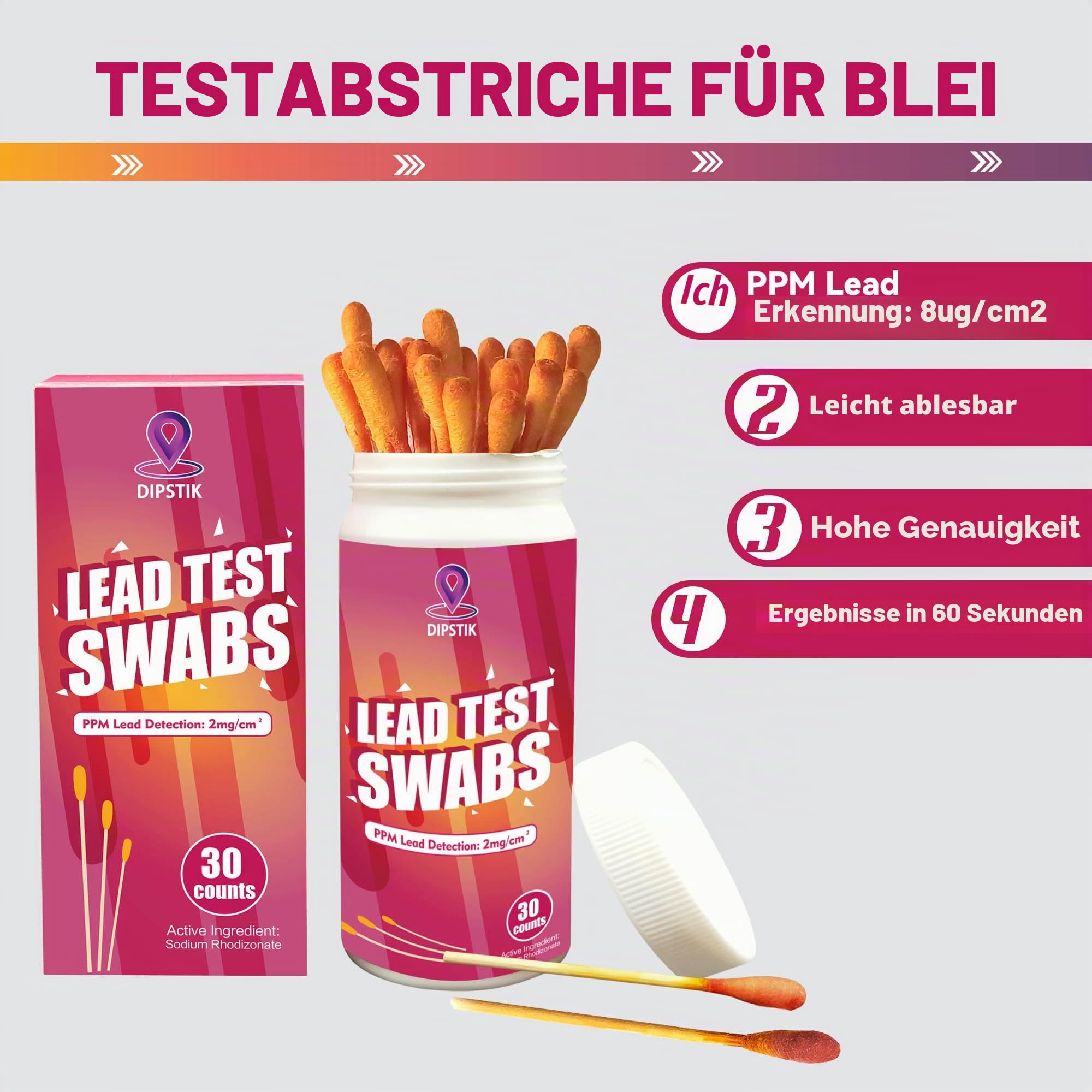 DIPSTIK Blei-Test-Set, 30 Stück, Blei-Teststäbchen, schnelle genaue Messleitung für alle lackierten Oberflächen, Geschirr, Möbel, Spielzeug, Holz