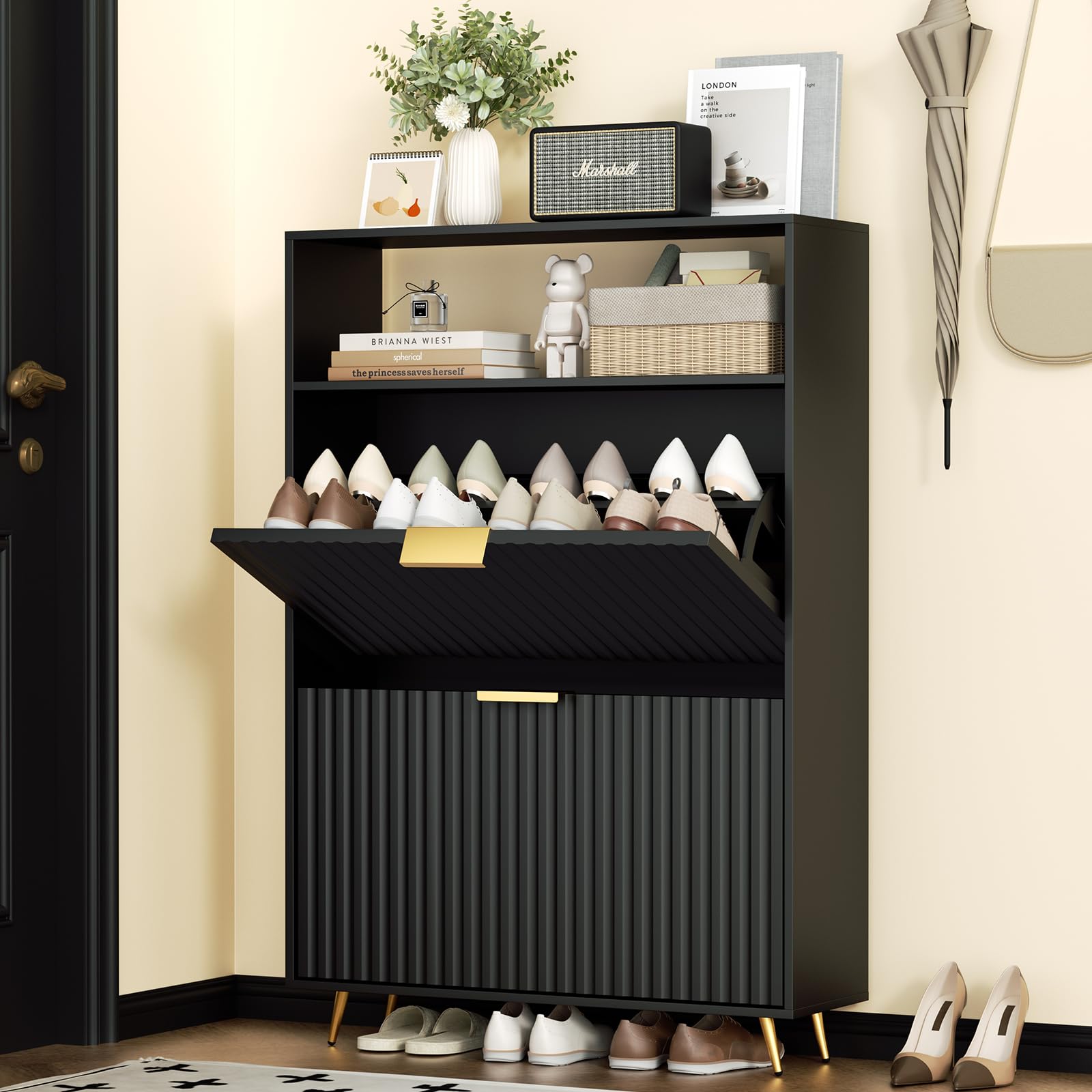 Urban Deco Schuhschrank Schwarz, 75 x 24 x 116 cm, Schuhkipper mit 2 Klappen, Schuhregal Schmal mit Metallfüßen, Schuhschrank Holz für Eingangsbereich, Flur, Schwarz