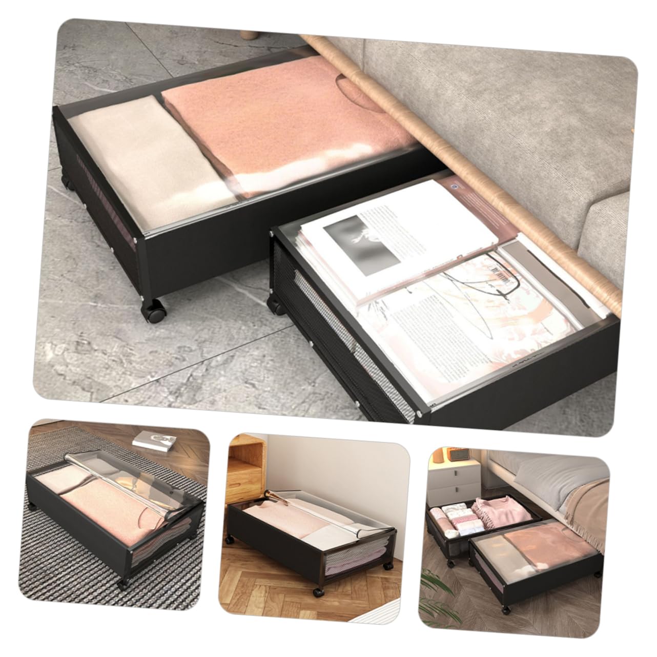 PRETYZOOM Cesta de Almacenamiento Debajo Cama Negro Tapa Transparente Organizador para Guardar Ropa Zapatos y Libros Dormitorio