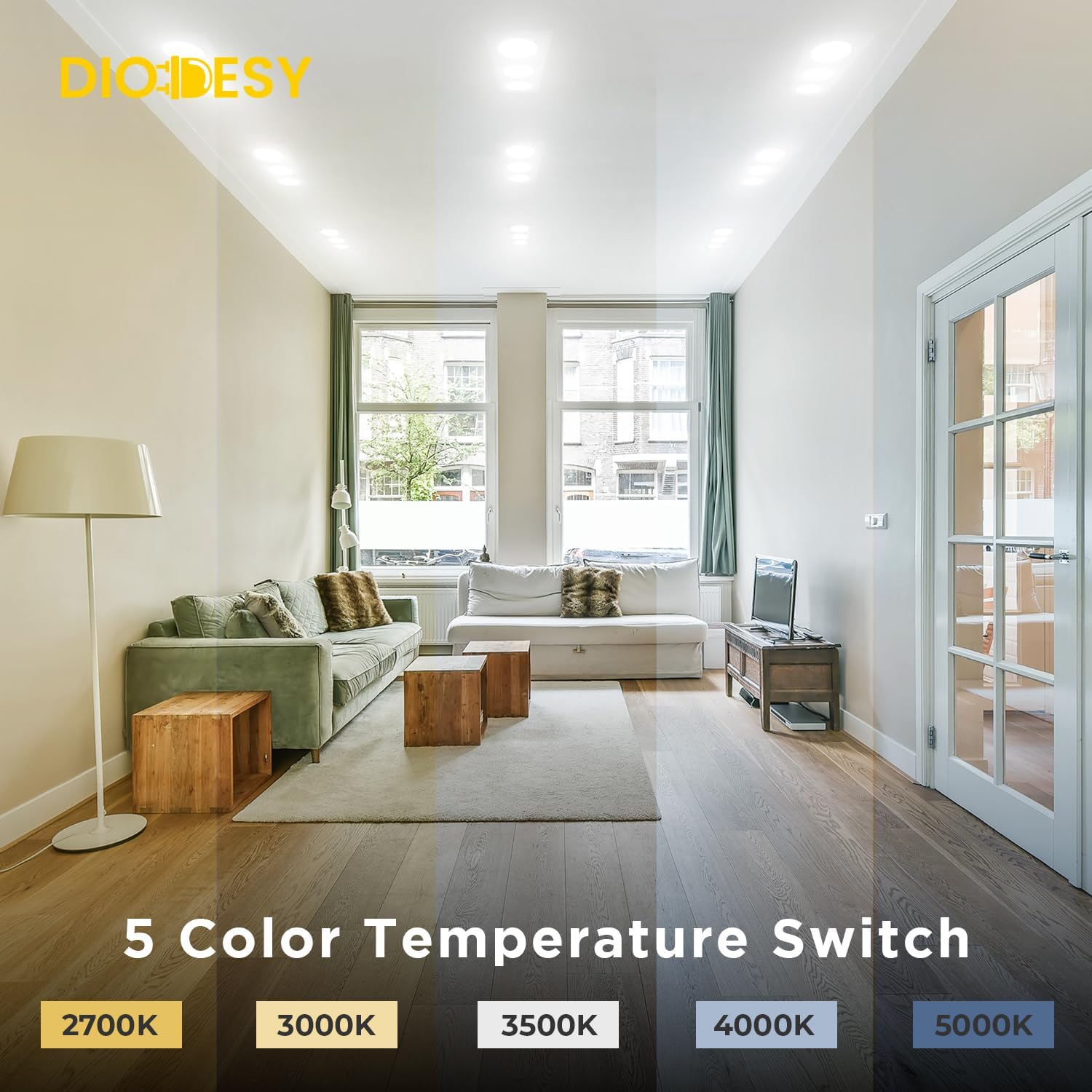 Diodesy- 3.5 Inch Three Head Round Recessed LED Gimbal Downlight 27K/30K/35K/40K/50K 5CCT Selectable 36W 2270LM Dimmable Anti-Glare Directional Canless Ceiling Light for Kitchen Dining Room Entryway