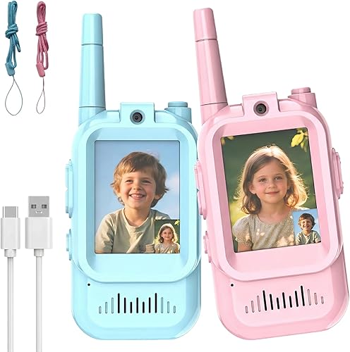 Walkie Talkies de video para niños, paquete de 2 walkie talkies recargables para niños, cambiador de voz y video chat en tiempo real, para niños y