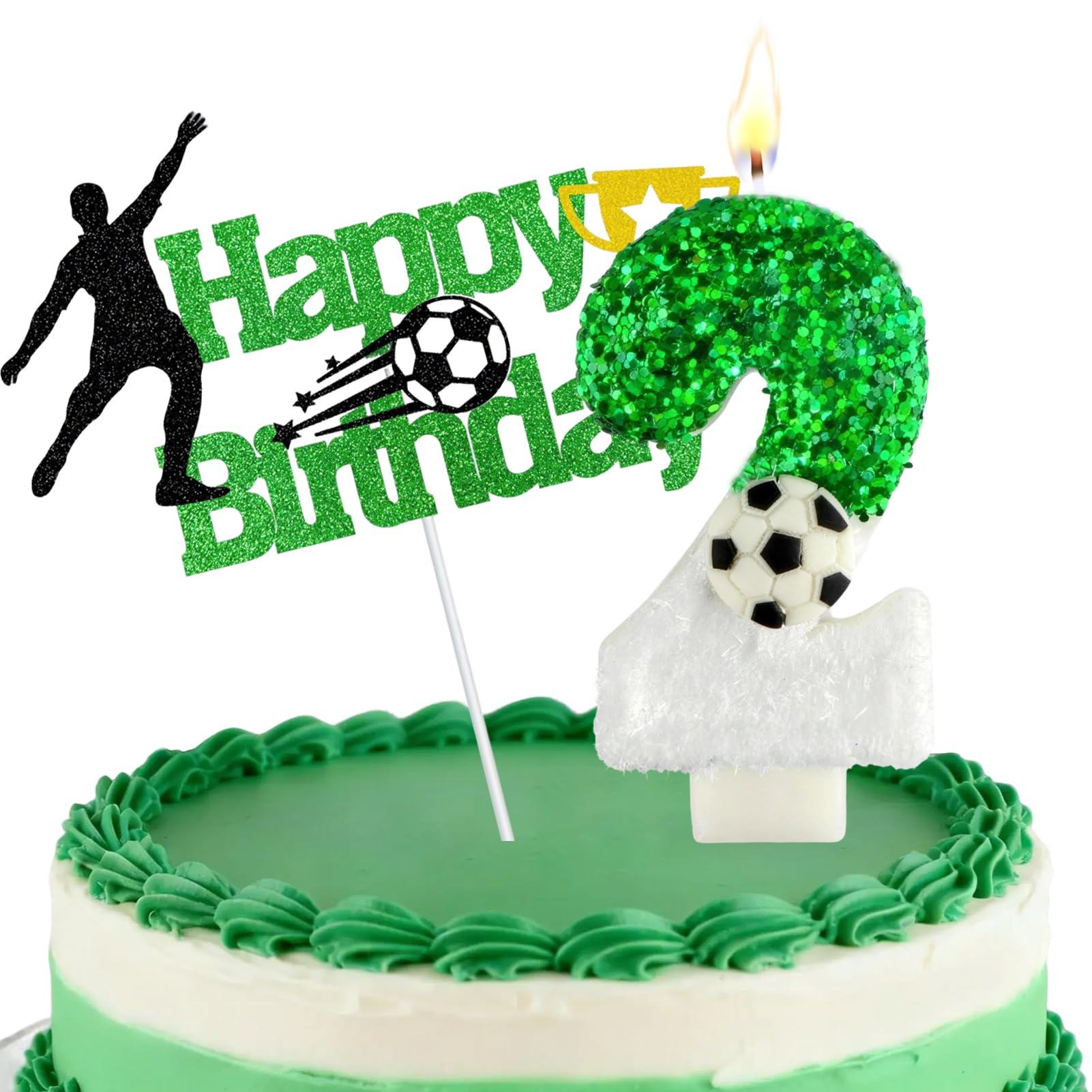 Football Number Candles, Birthday Candles for Cake, Cake Candles with Greeting Card for Birthday Party Wedding Anniversary Celebrations(2 Candle,Green&White)