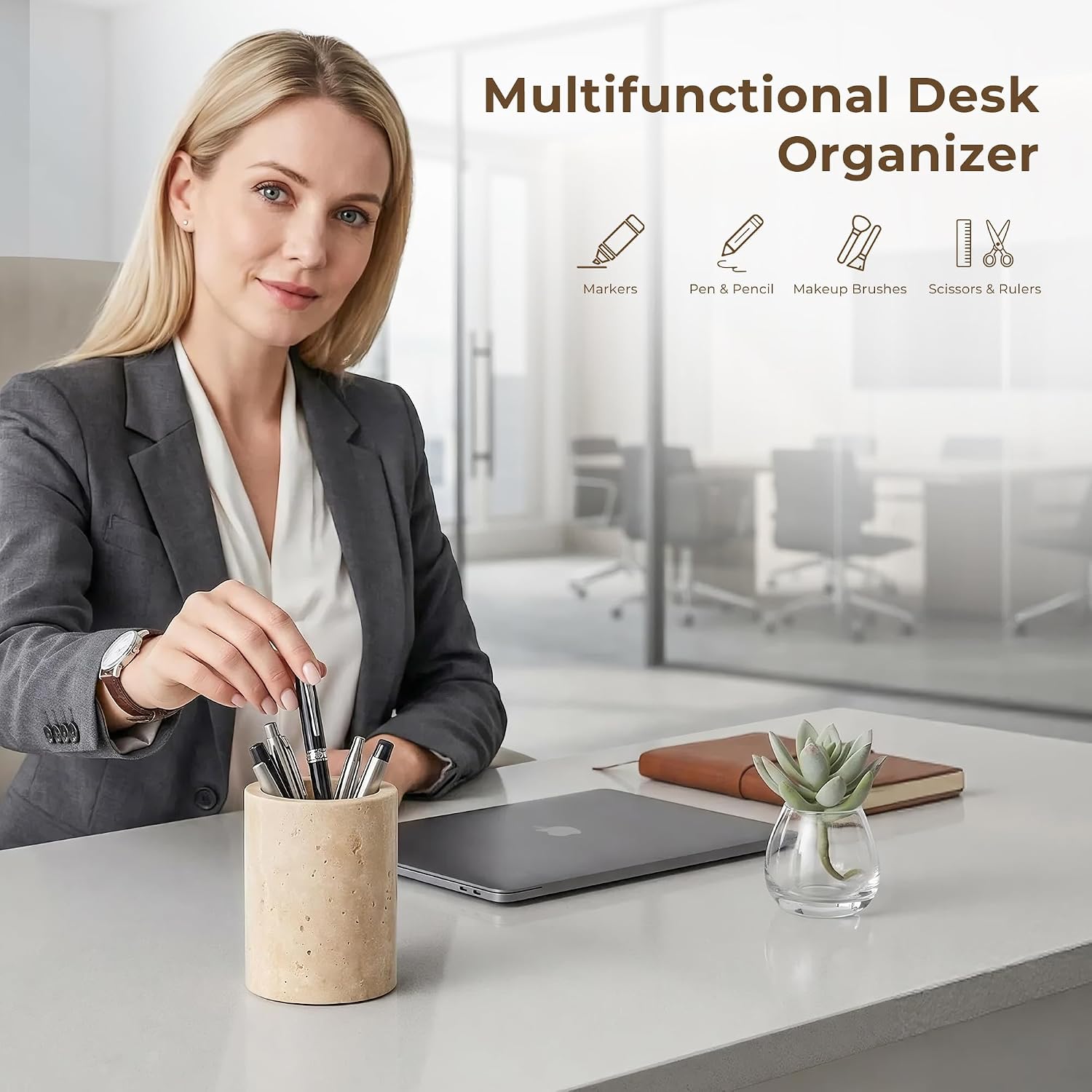 Travertine Stone Pen Holder for Desk, Handcrafted Volakas Sturdy Desk Organizer for Office Supplies Storage Desktop Stationary Makeup Brushes Cup Pencil Holders for Home Beige (WH101) image 3