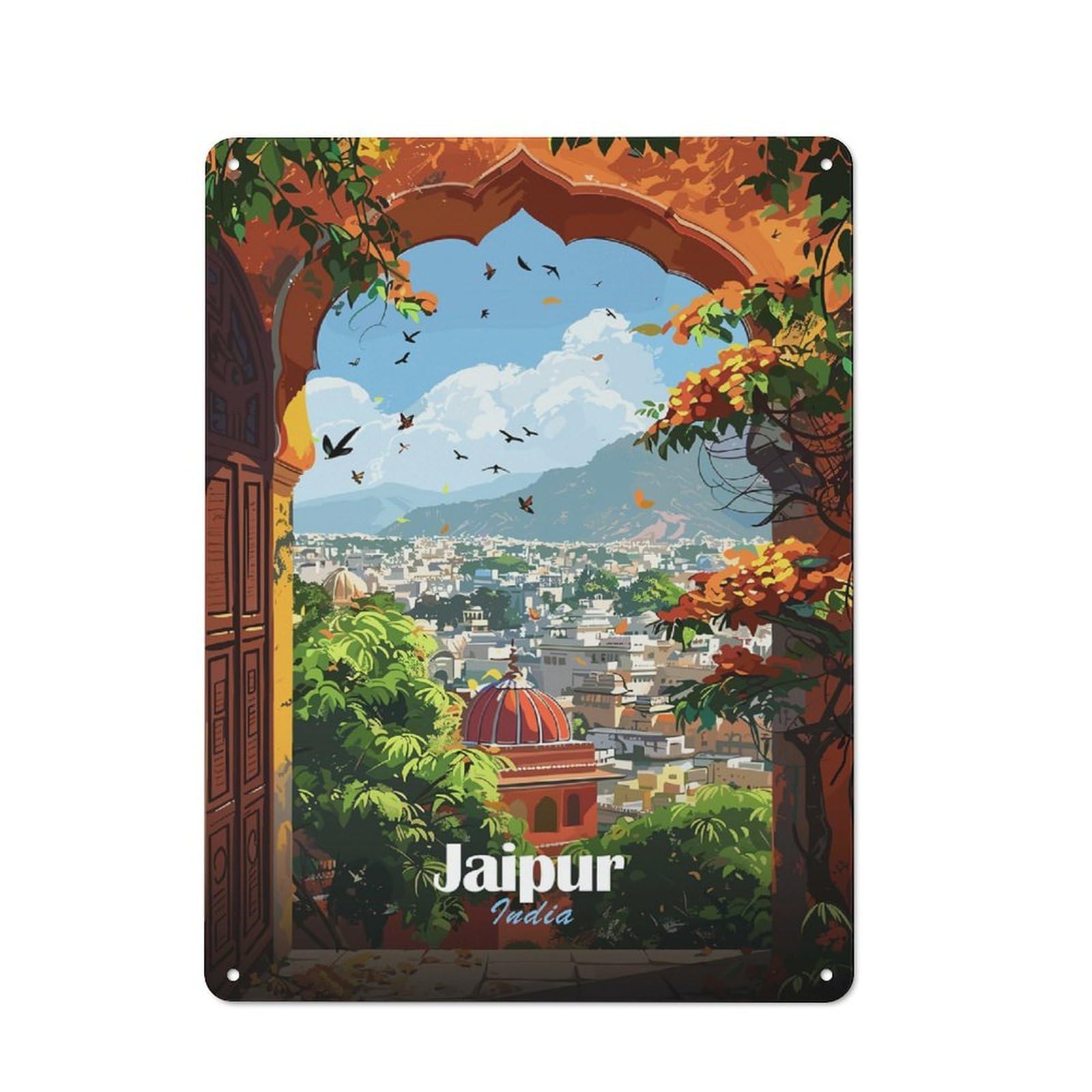 Junmoney Jaipur, India Cityscape Through Archway Retro Metal Wall Sign 40X30cm For Garage Or Workshop, For Kitchen, Dining Room And Home Bar Wall Decor