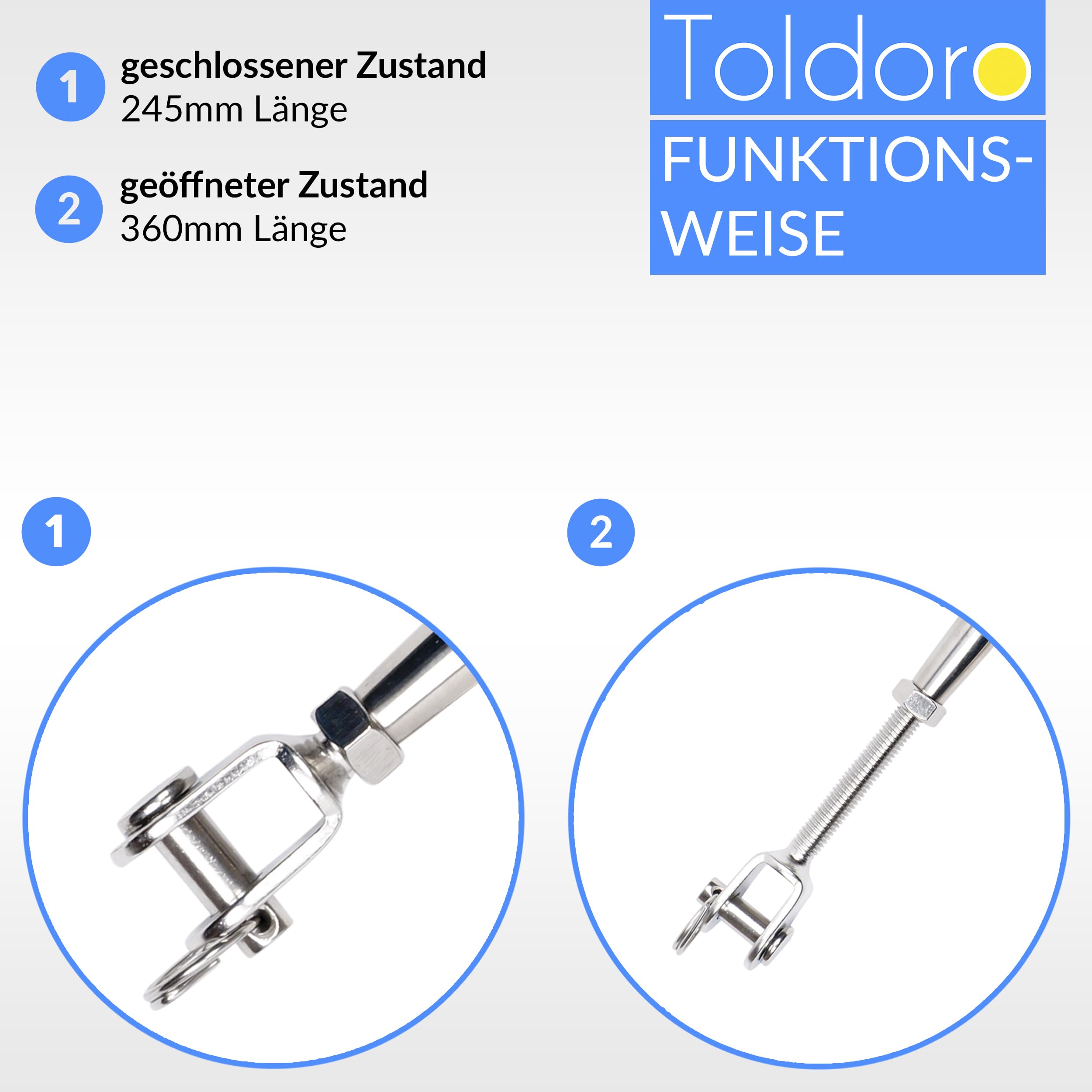 Toldoro 2x M16 Wantenspanner Edelstahl rostfrei V4A / Sonnensegel Spanner, Spannschloss, Seilspanner, Drahtspanner Gabel als Sonnensegel Zubehör/geschlossene Form