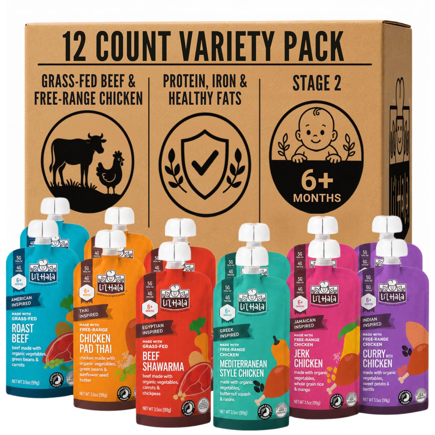 Li’l Hala Baby Food Meat Pouch Variety (12 ct)| Beef & Chicken Savory Baby Food Pouches with Protein & Organic Veggies, Toddler Snacks with Iron & Fiber| Stage 2 Toddler Food 6+ Months Puree Meal