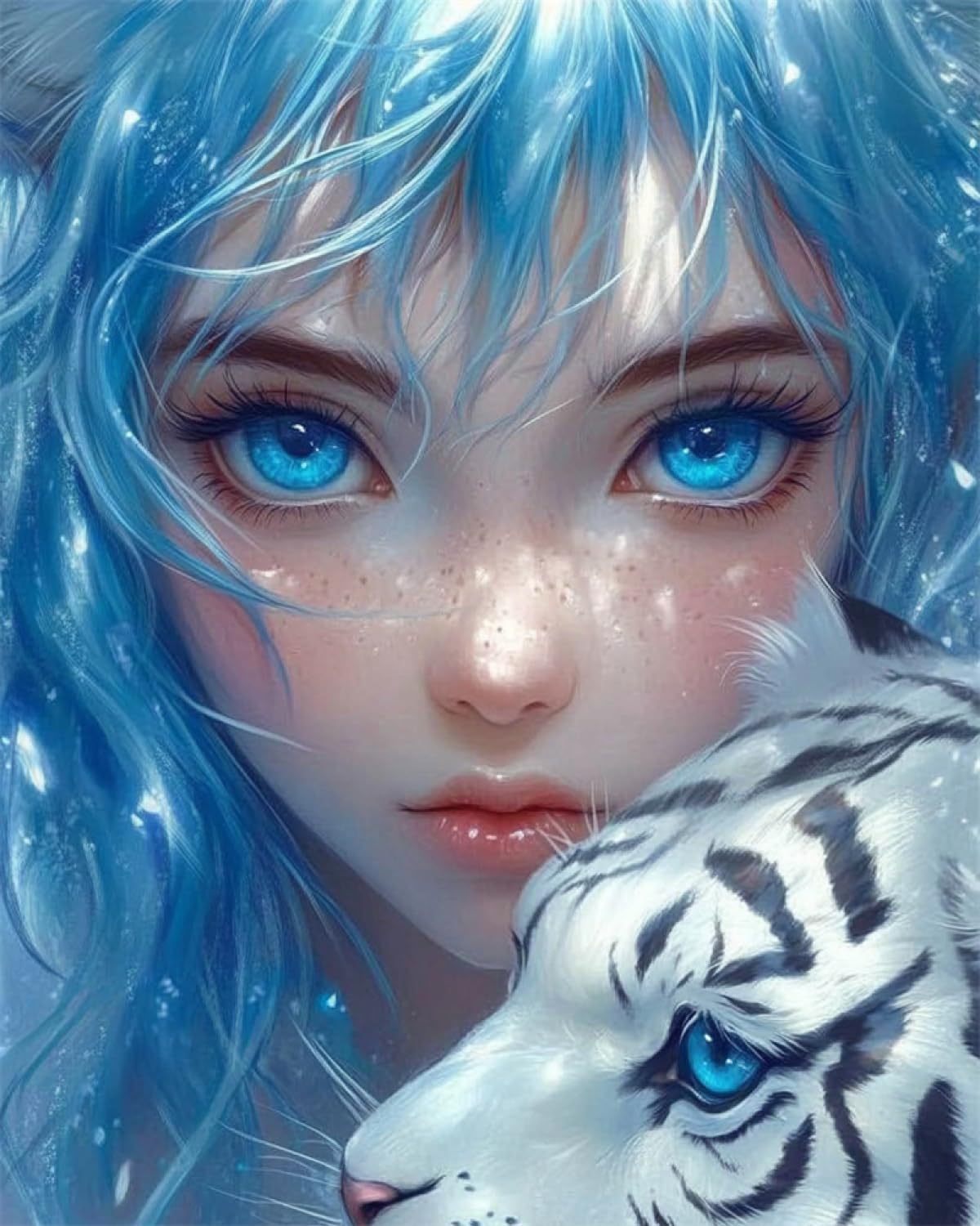 RKFLGEW Set De Cuentas De Bordado Diy Chica De Fantasía Y Tigre Blanco Patrón De Bordados Con Cuentas, Kit De Bordado Con Cuentass, Juego De Perla Para Colgar En La Pared En 3D 50x70cm