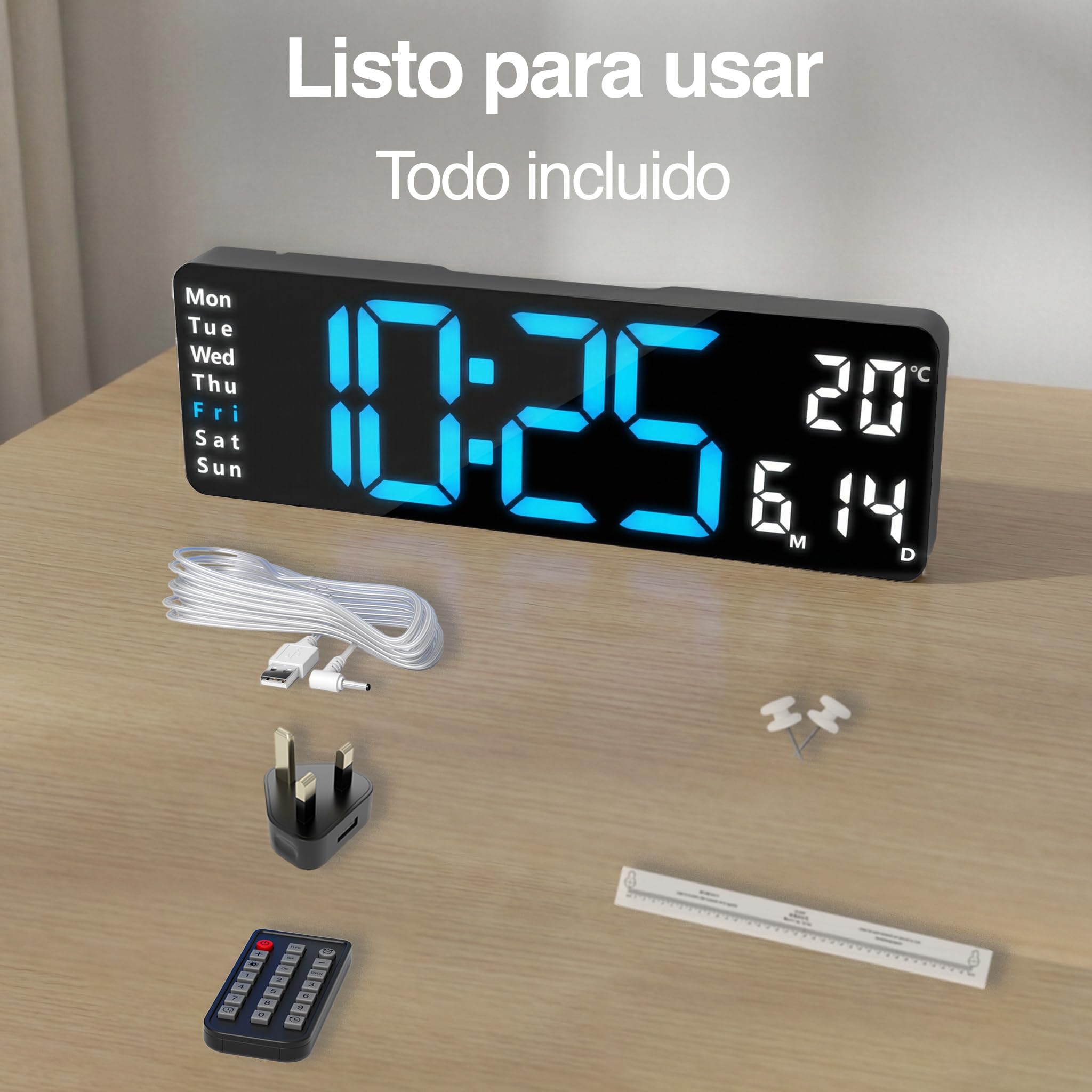 Opis Technology Clock 1 XL – Reloj Digital Pared Grande LED (31cm), Azul/Blanco. Funciona con Cable (No a Pilas). con Mando, Temperatura y Brillo Automático