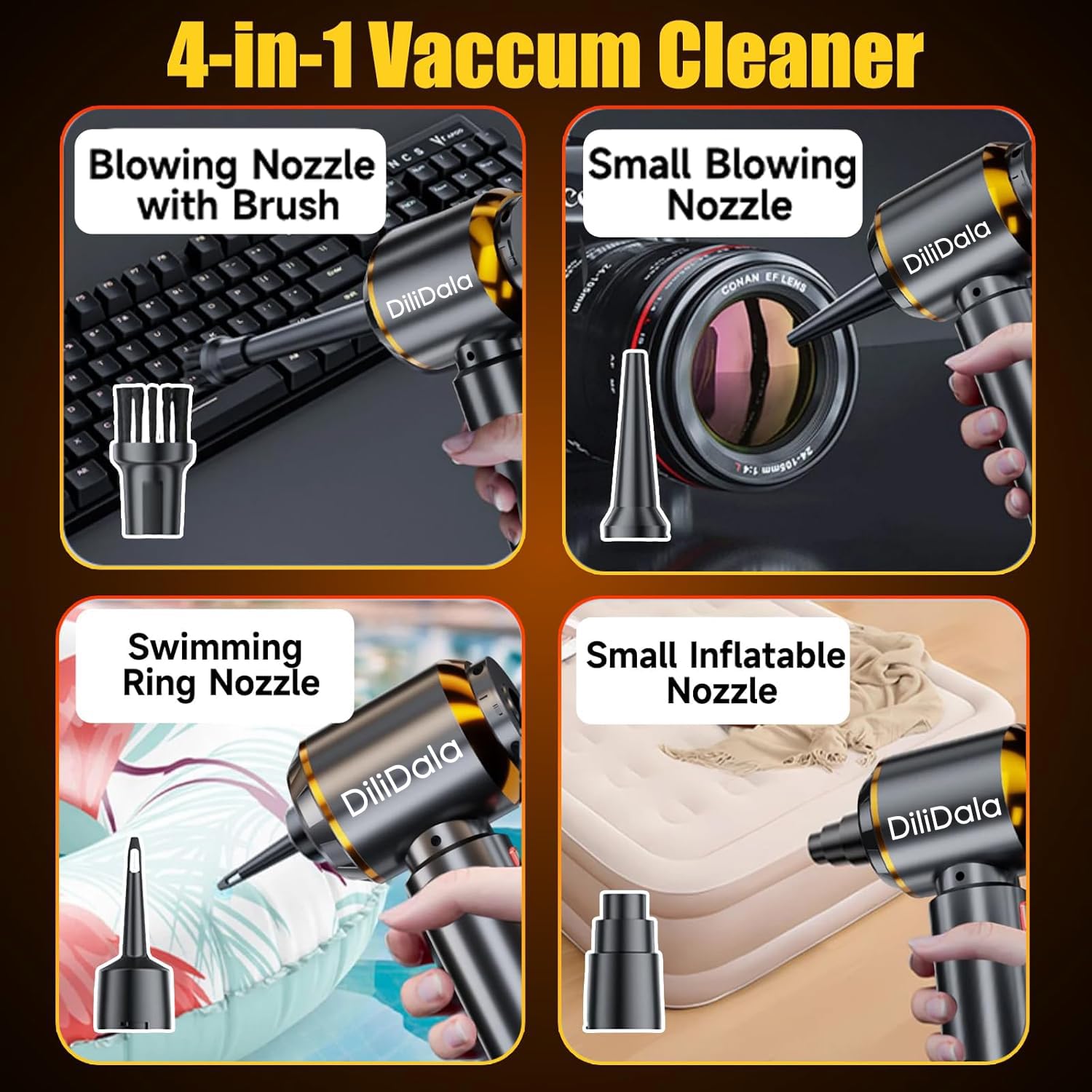 DiliDala Aspirabriciole Senza Fili, 25000Pa Aspirapolvere Auto Portatile, Mini Aspirapolvere Ricaricabile per Auto, 3 Velocità Aspirapolvere Auto con Potente Aspirazione per Tappeti, Animali Domestici