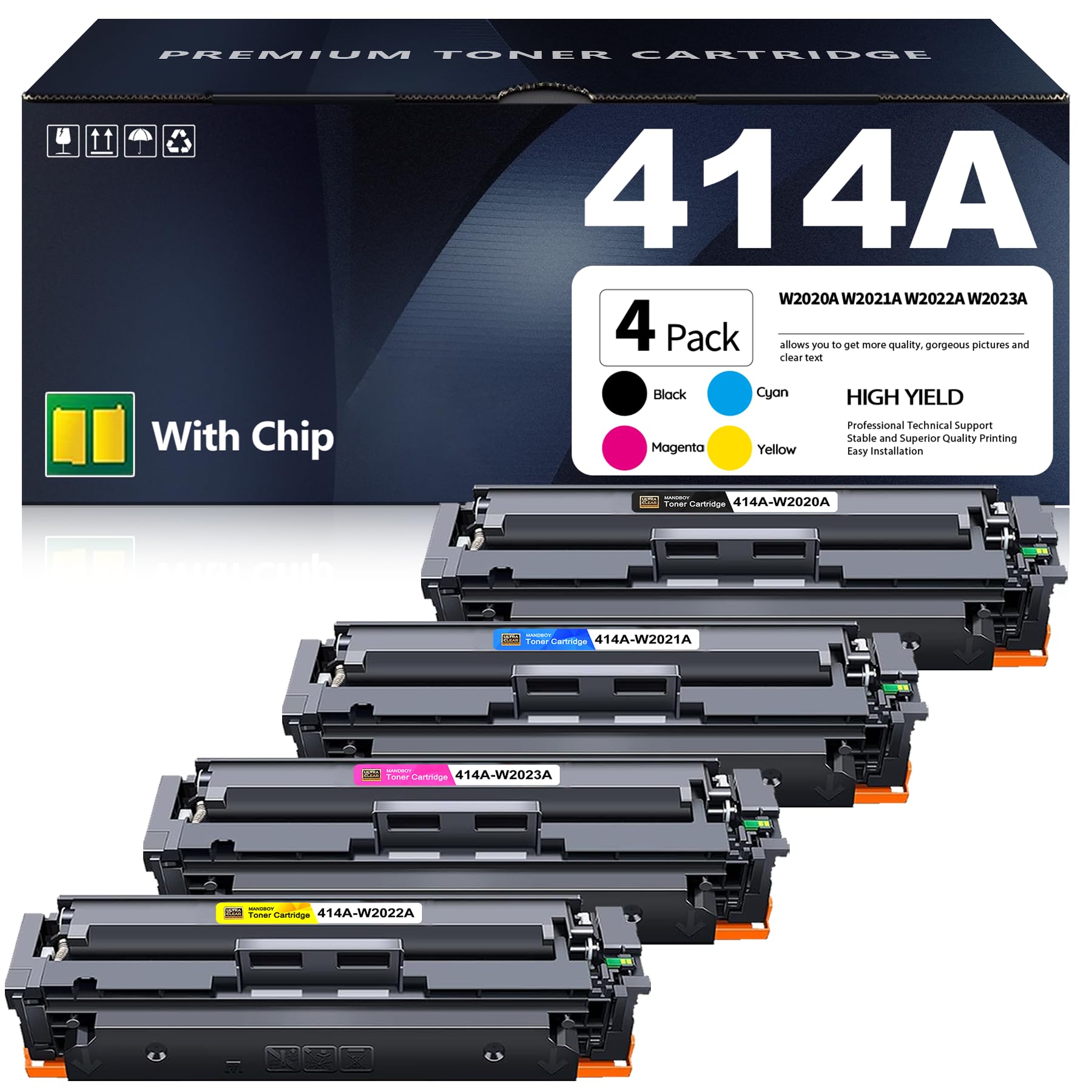 414A Toner Cartridges 4 Pack MFP M479fdw Compatible HP 414A W2020A W2021A W2022A W2023A Works for Color Laserjet Pro MFP M479fdw M479fdn M454dw M454dn