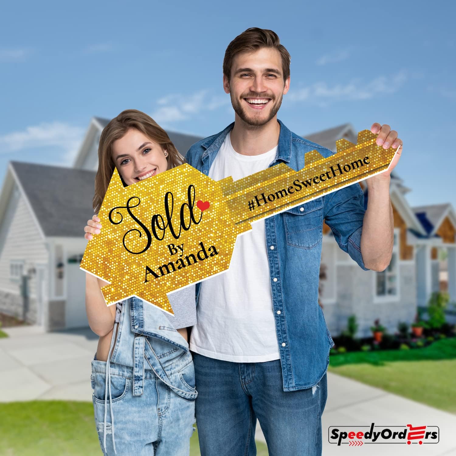 Giant Key Sold Sign For Realtors - Customized Real Estate Sold Key - Personalized Sold Sign For Marketing - Gold Sparkle Size S