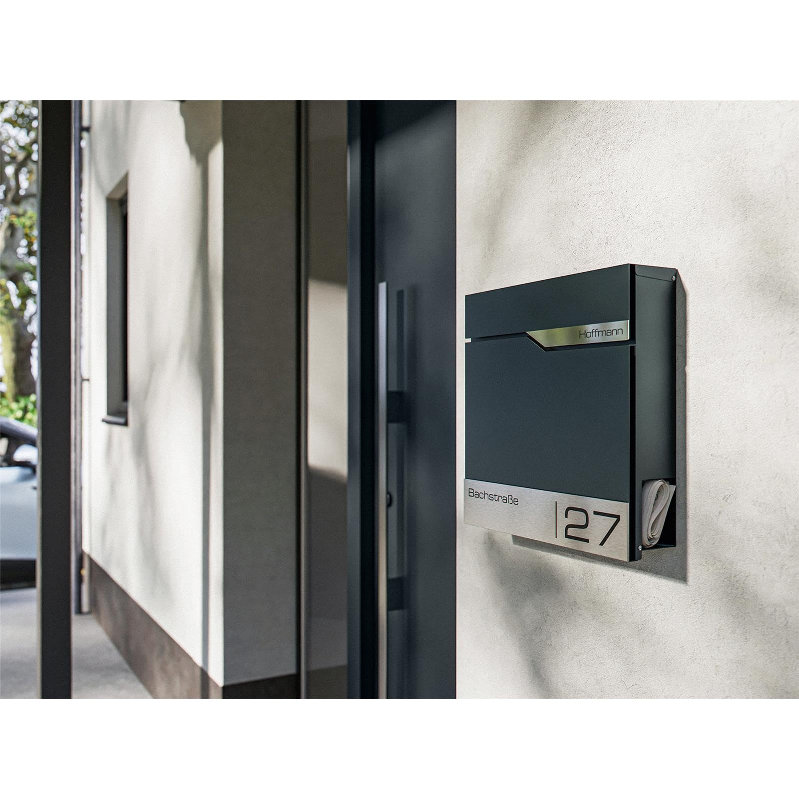 Metzler® Buzón Antracita RAL 7016 con Compartimento para periódicos, Placa de Nombre de Acero Inoxidable V2A, Inoxidable, buzón Moderno de Pared, con Cerradura, 10 años de Suministro de repuestos