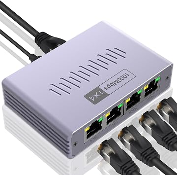 Gigabit Ethernet Splitter 1 to 4, 1000Mbps High Speed LAN Splitter with USB Power, 4 Devices Simultaneous Network for Cat5/5e/6/7/8 Cables