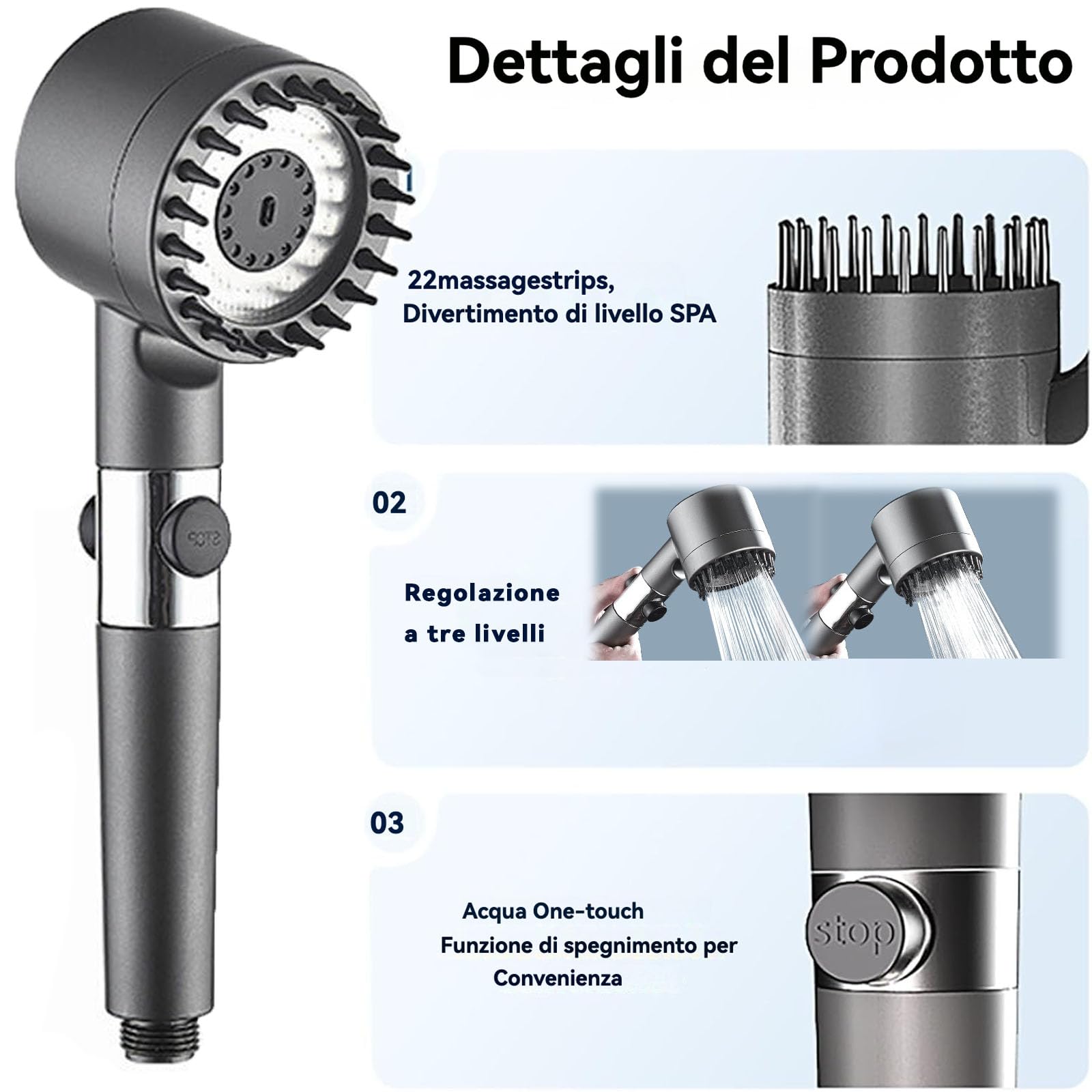 Pulifer - Alcachofa de ducha de alta presión, sistema de ducha de ahorro de agua de 3 ajustes con filtro integrado y 10 filtros de repuesto para eficiencia energética y agua limpia