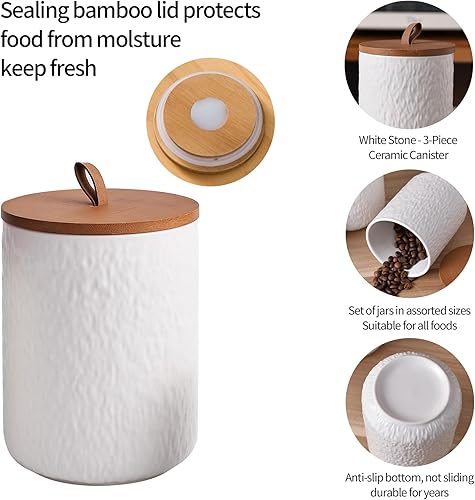 Miniatura 7 de JOJUNO Juego de recipientes de cerámica blanca con tapa de madera, tarros herméticos de almacenamiento de alimentos de 3 piezas para encimera