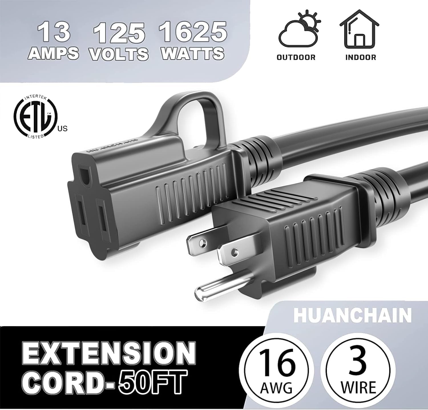 HUANCHAIN Indoor Outdoor Black Extension Cord 6 ft Waterproof, 16/3 Gauge Flexible Cold-Resistant Appliance Extension Cord Outside, 13A 1625W 16AWG SJTW, 3 Prong Electric Cable, ETL