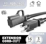 HUANCHAIN Cord d'extension noir extérieur intérieur 50 ft Waterproof, 16/3 Gauge Flexible Résistant Cord d'extension d'appareil extérieur, 13A 1625W 16AWG SJTW, 3 Câble électrique, ETL
