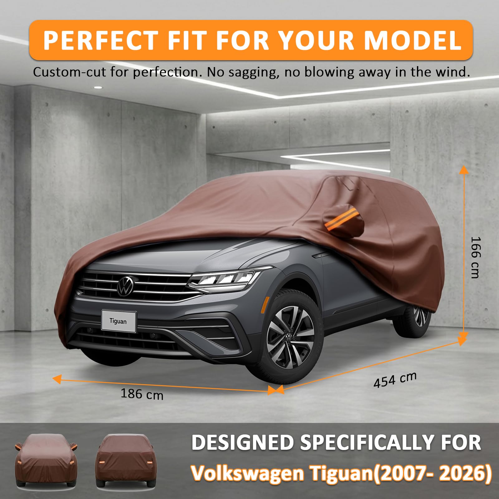 Cowtcver Housse de Voiture Extérieure pour Volkswagen Tiguan 2007-2026 | Bâche Voiture Étanche Respirante avec Aspect Cuir de Vache, Housse de Protection avec Pare-Soleil, Zip et Doublure en Coton.
