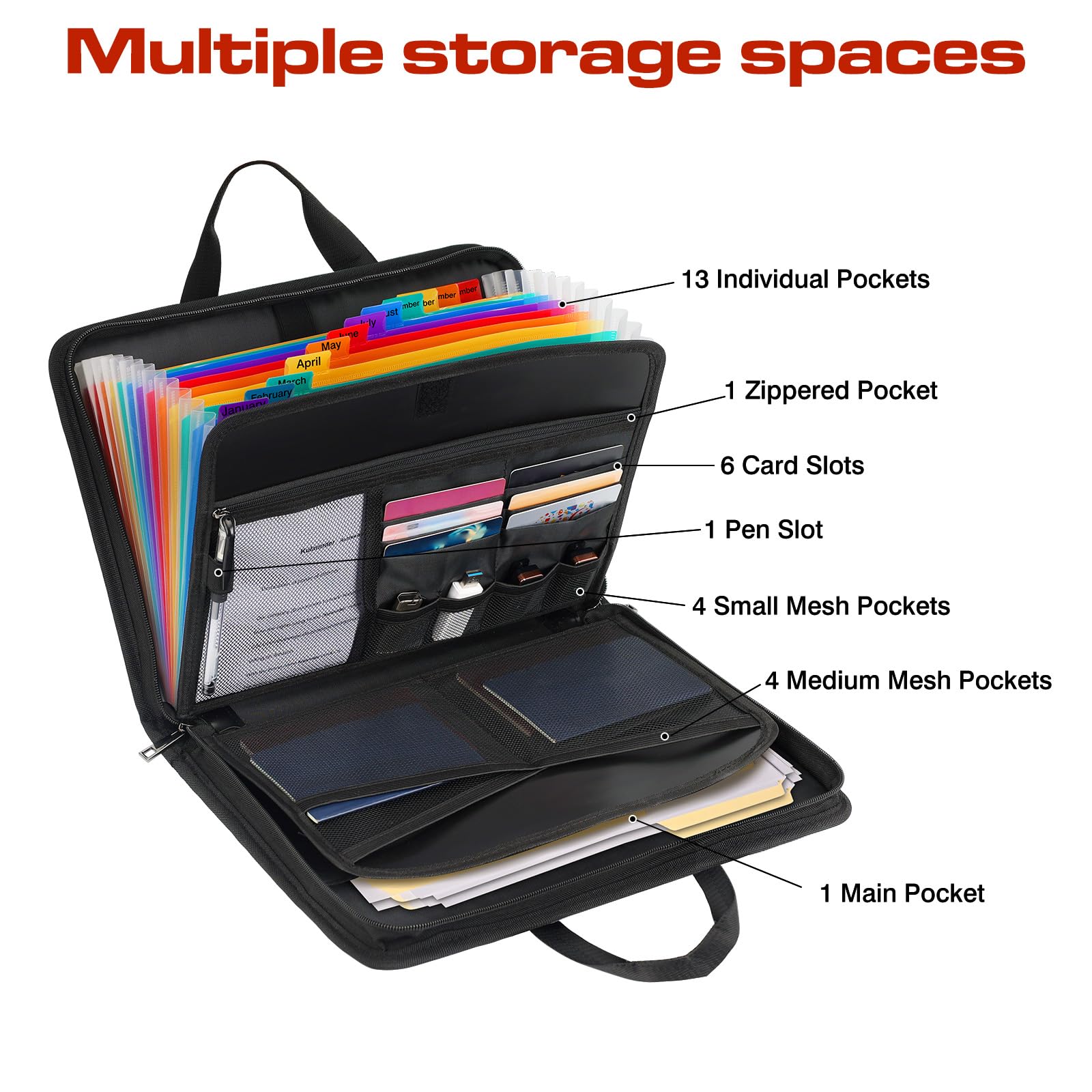 Cartella Portadocumenti A4,Cartella per Conferenze Ignifuga e Impermeabile,Cartella Espandibile con 13 Scomparti,Cerniera,e Etichette Colorate Con 1 Blocco Password per Ufficio, Casa, Scuola,(Nero)