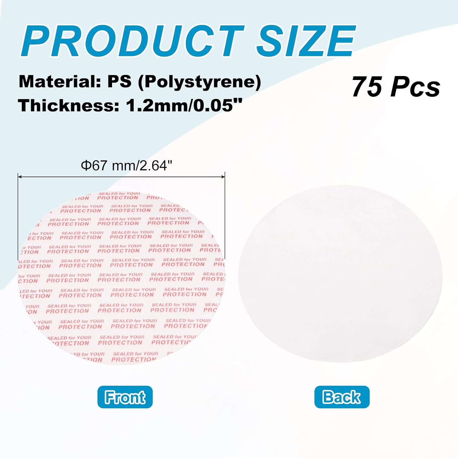PATIKIL 67mm/2.64" Foam Lid Liner 75pcs Adhesive Round PS Pressure Sensitive Seals, Cap Liners Resistant Tamper for Plastic Glass Jar Bottle Cap Canning Vials Seals Red Text, White