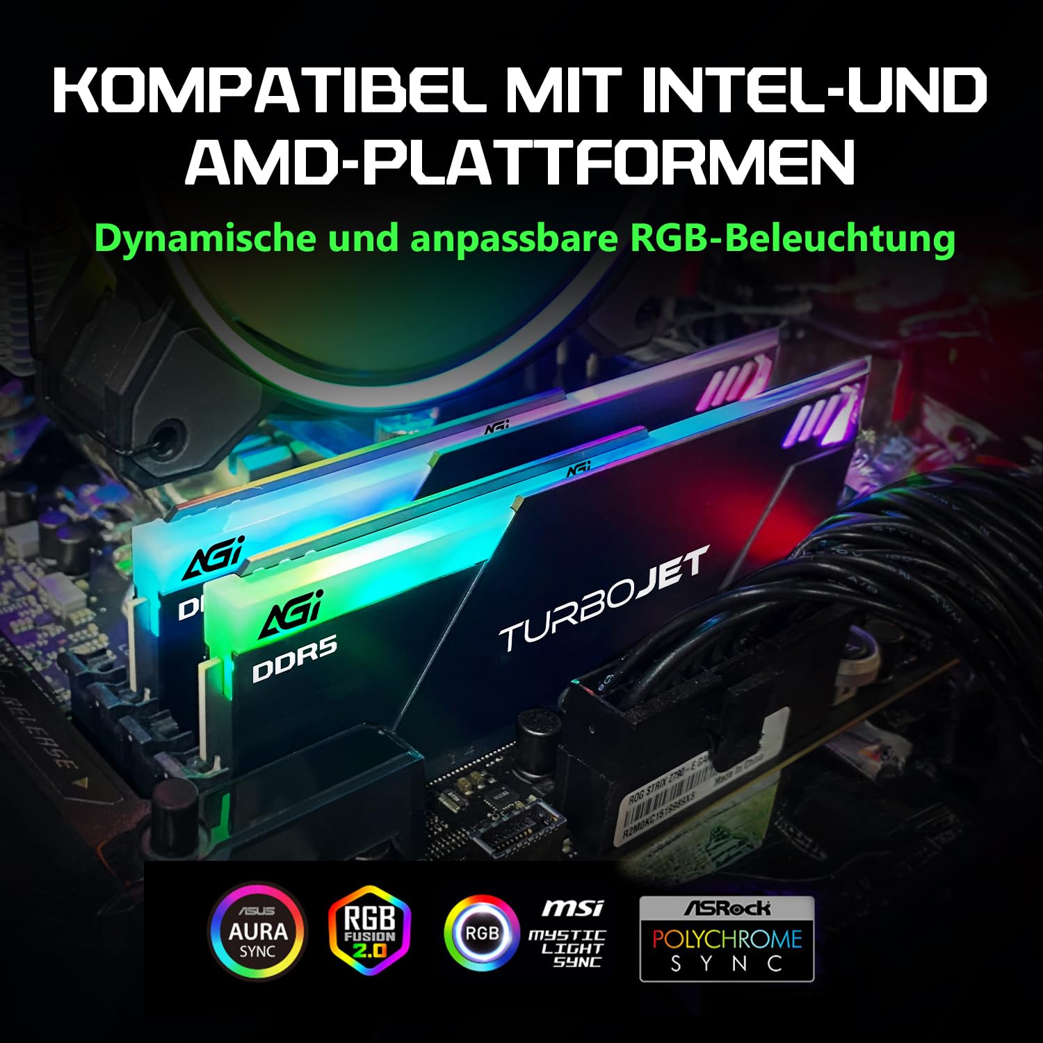 AGI UD858 TURBOJET RGB 32GB Kit 2x16GB DDR5 6400MHz UDIMM PC RAM Noir | Latenz CL36, 288-Pin, Desktop-Arbeitsspeicher kompatibel mit AMD EXPO und Intel XMP. Optimiert fuer PC Gaming