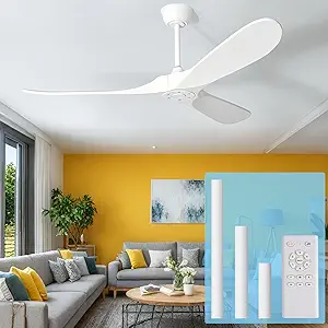 White Modern 60 Inch Outdoor Ceiling Fan with Remote, Wood 3 Blade High CFM Wet Rated Ceiling Fans for Patios Porch Gazebo -Propeller Ceiling Fan for Indoor Living Room Bedroom Kitchen