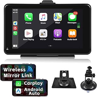 Portable Wireless Apple Carplay Android Auto Car Stereo Radio, 7 Inch HD Touchscreen Multimedia Player Bluetooth Audio Hands Free Calling, Support Mirror Link FM Siri TF Card AUX Input
