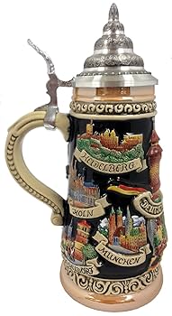 アンティーク　ドイツ製　色絵人物文　銅装飾　ビアジョッキ　N　5571 アンティーク ドイツ製 色絵人物文 銅装飾 ビアジョッキ N 5571