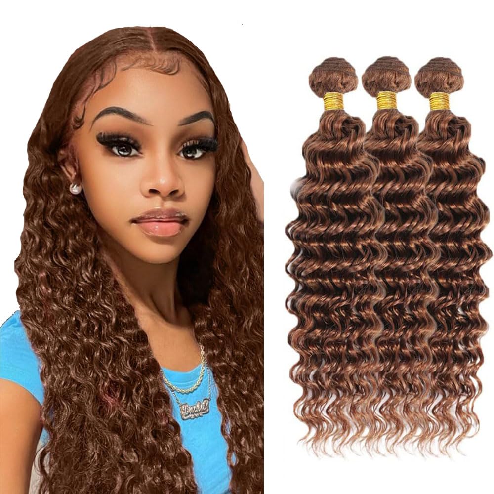 Jucames Human Hair Extensions Deep Wave #30 Light Brown Double Weft Virgin Unprocessed Bundles Human Hair Weave 3 Bundles Total 150g Auburn Brown Color 14 16 18 Inch