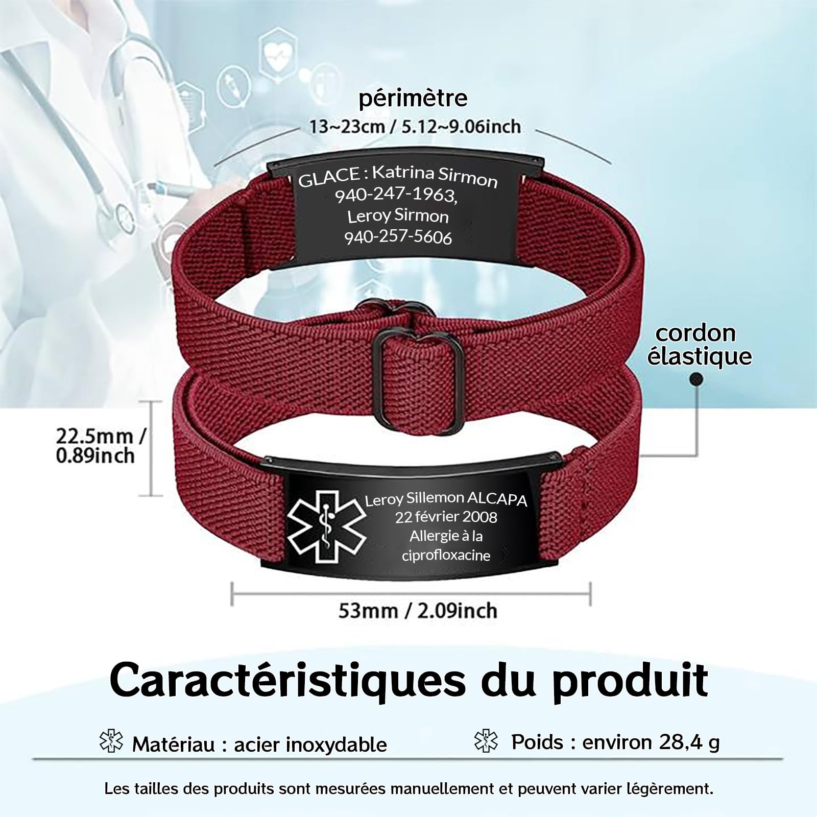 Bracelet D'Alerte MéDicale D'Urgence Plaquette D'Identification Personnalisable Ajustable De 13 à 23 Cm Bande éLastique En Acier Inoxydable IdéAl Pour La FêTe Des PèRes