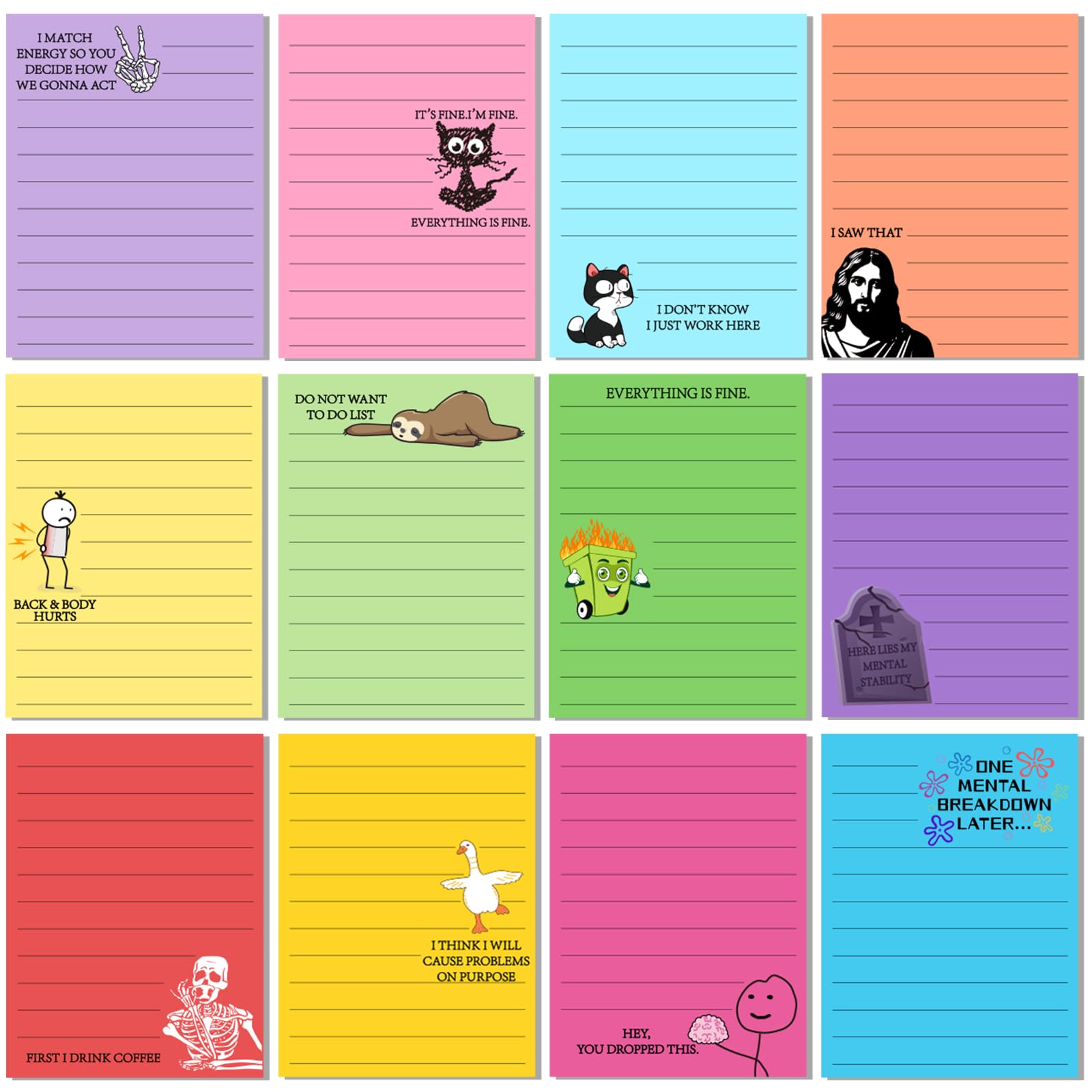 Saypacck 12 Pcs Funny Sticky Notes for Work 4x3 Inches Sarcastic Self Adhesive Notepads Novelty Memo Pads for Office Coworker Gifts Employee