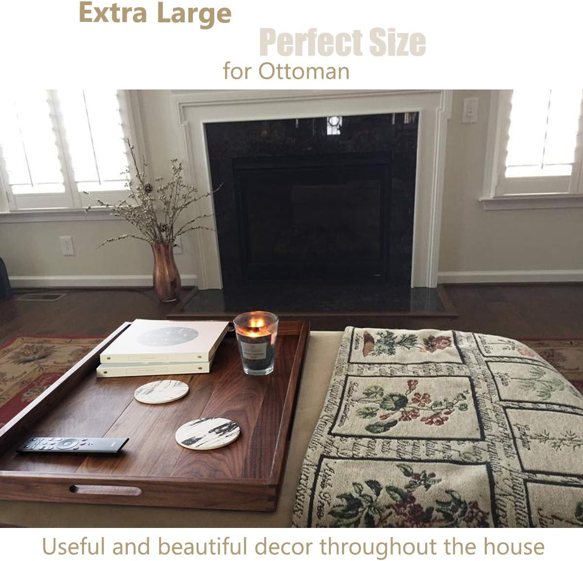 Suреr Sаlе 🛒 MAGIGO 28 x 18 Inches Extra Large Rectangle Black Walnut Wood Ottoman Tray with Handles, Serve Tea, Coffee or Breakfast in Bed, Classic Wooden Decorative Serving Tray