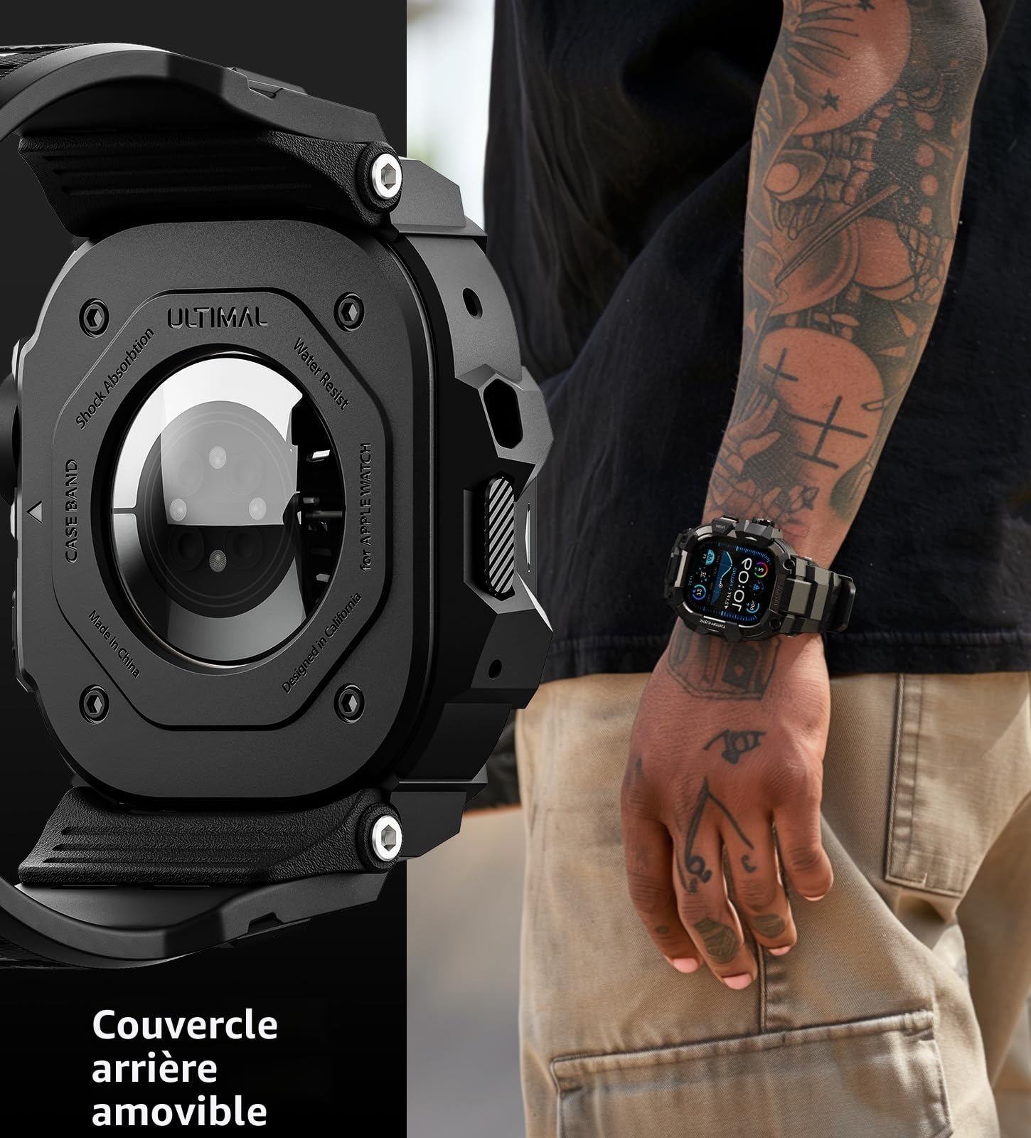 ULTIMAL Bracelet Étui Résistant pour Apple Watch 49 mm - Compatible avec les Modèles Ultra 3/2/1, Antichoc Éprouvé Militairement, Bracelet en TPU Respirant, Charge Sans Fil Prise en Charge