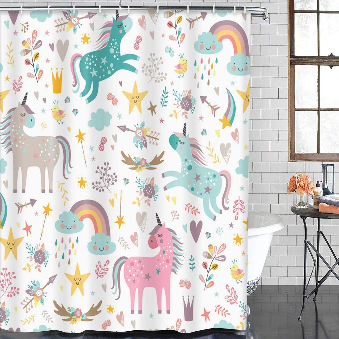 Ulticool Shower Curtain - Unicorn Horse Clouds Star Rainbow - 180 x 200 cm - Washable - Waterproof - with 12 Rings - White Pink Brown Green