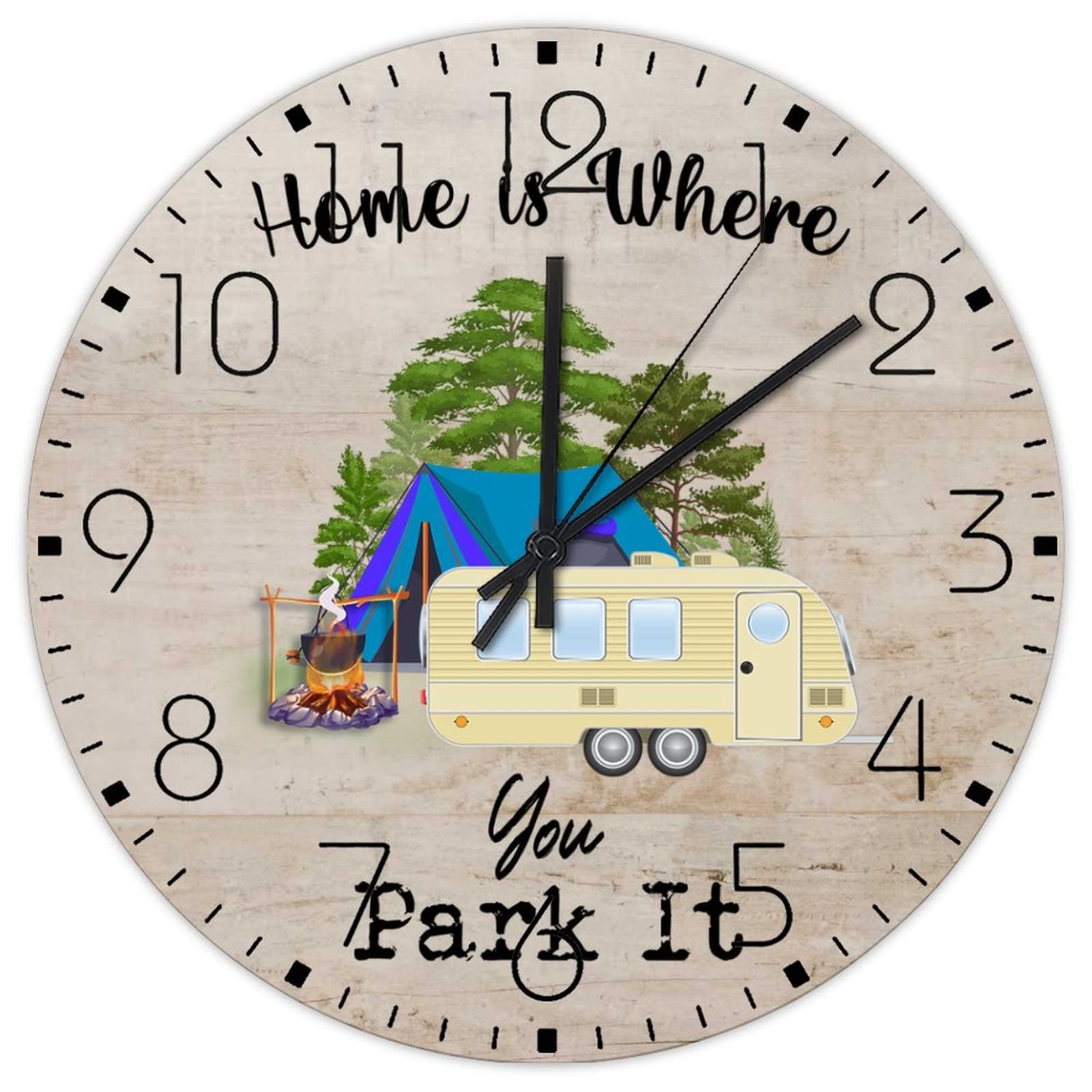 Horloge murale camping Home Is Where You Park It déco rustique pour salon