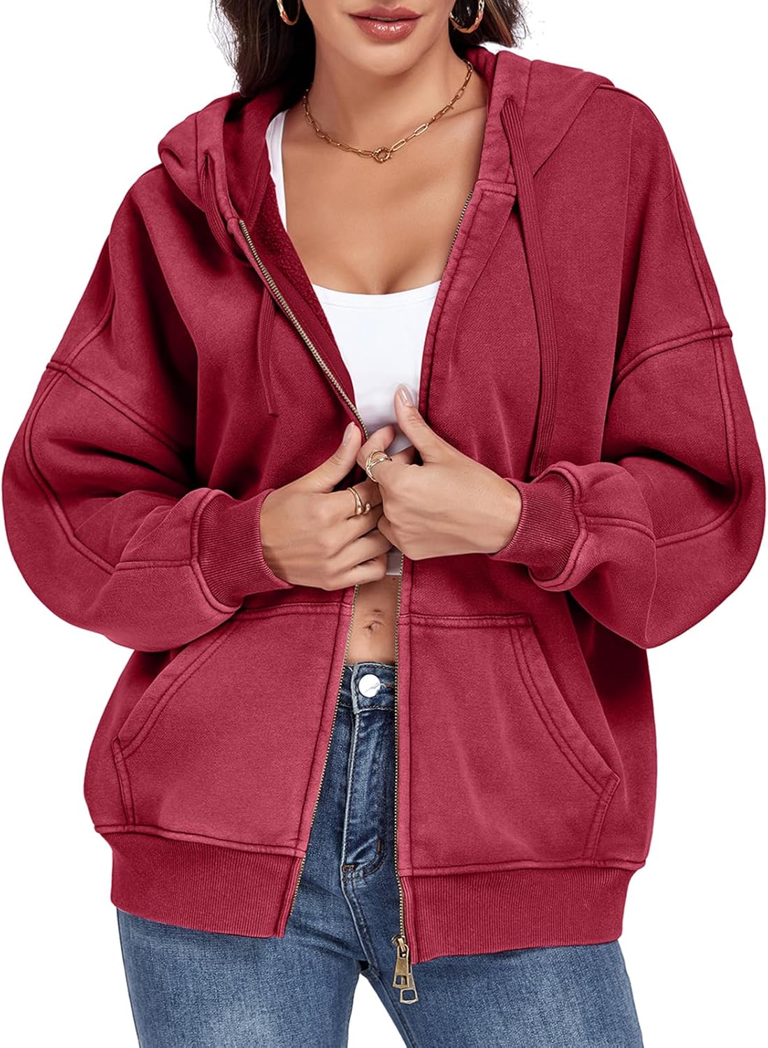 WOWULOVELY Womens and Mens Zip Up Hoodies Acid Wash Long Sleeve Oversized Sweatshirts Distressed Fleece Jacket with Pockets