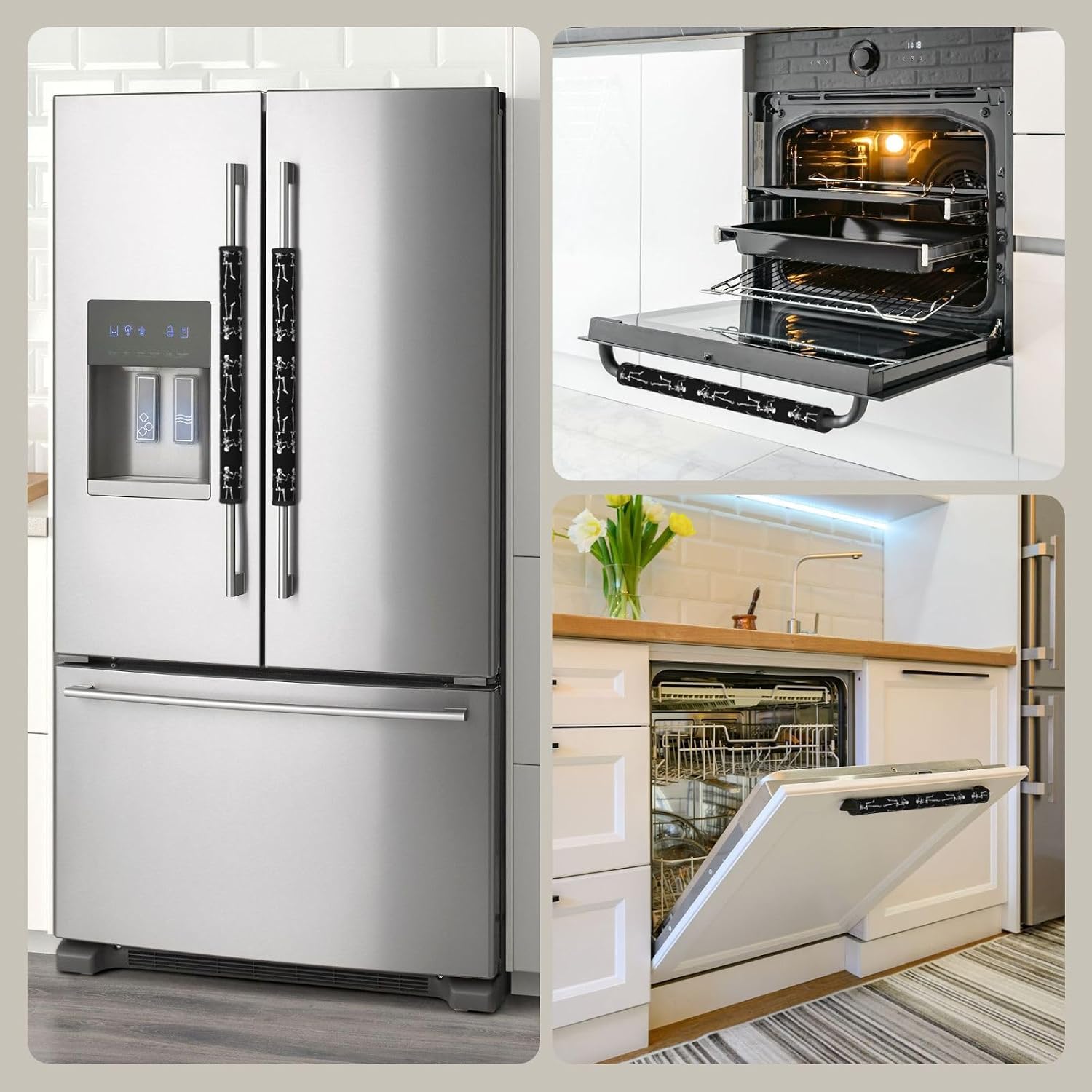 Halloween Posable Skeleton Skull Print Door Handle Covers, Antiskid Refrigerator Handle Covers, for Oven Microwave Stove Bathroom