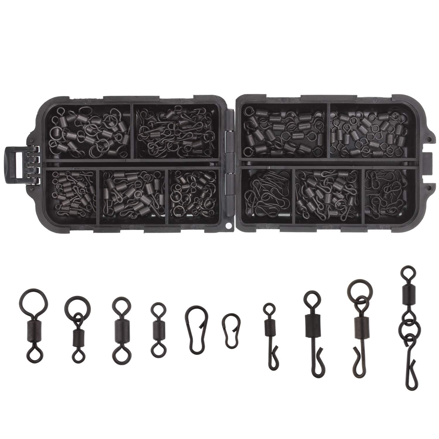OKVGO 150pcs Matte Black Carp Fishing Swivel Clips Rolling Ring and Quick Change Speed Links Release Snaps Rigs Kit with Tackle Box for Carp Coarse Sea Fishing
