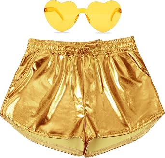 PARTTELY Metallic Shorts for Women Drawstring Shiny Hot Short Sparkly Rave Party Pants with Holographic Fanny Pack Sunglasses