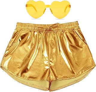 PARTTELY Metallic Shorts for Women Drawstring Shiny Hot Short Sparkly Rave Party Pants with Holographic Fanny Pack Sunglasses