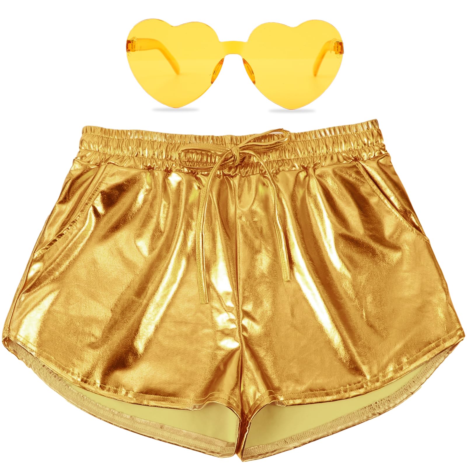 PARTTELY Metallic Shorts for Women Drawstring Shiny Hot Short Sparkly Rave Party Pants with Holographic Fanny Pack Sunglasses