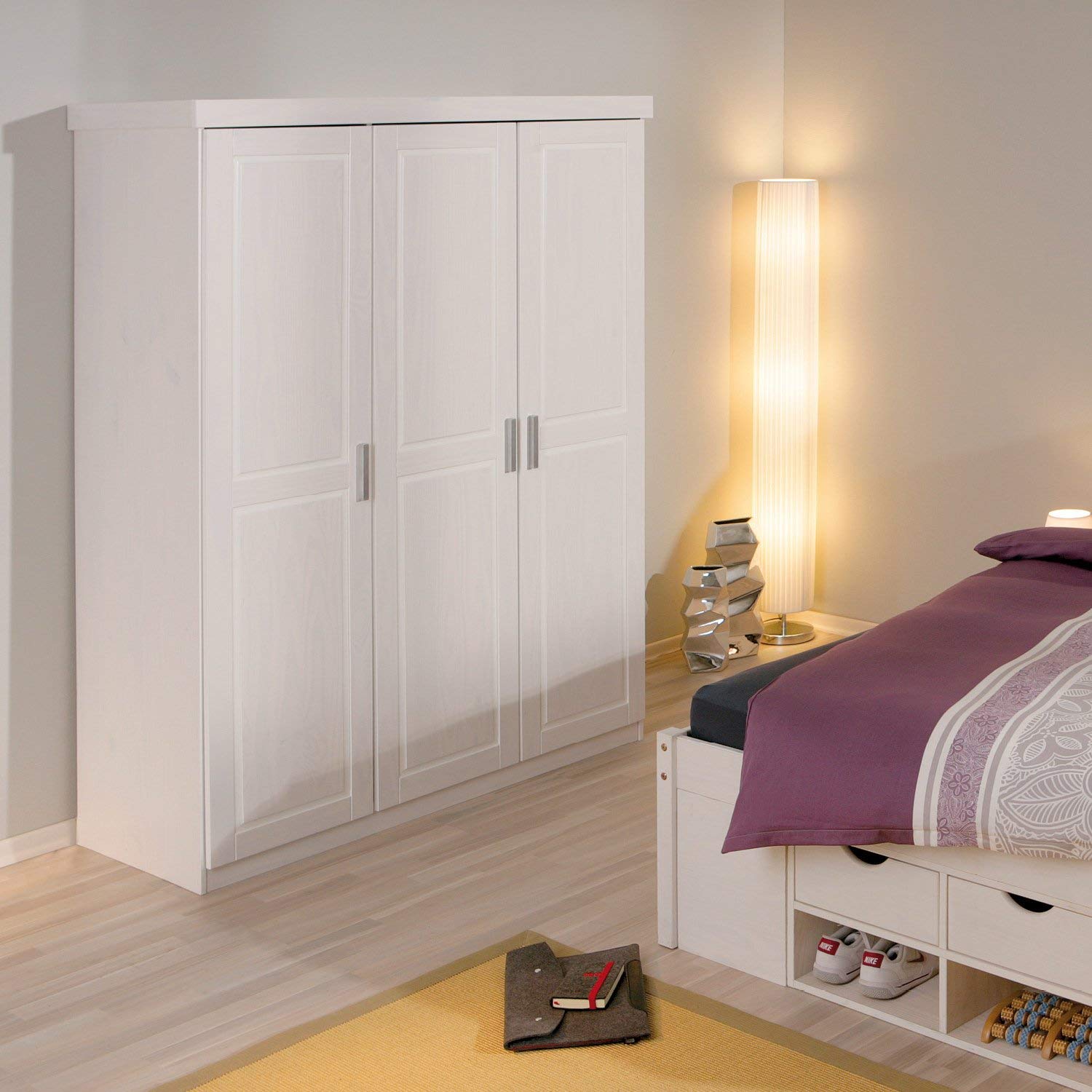 Inter Link Wardrobe floorboard More Sustainable Solid Wood White Lacquered 140 x 190 x 55 cm, 3 puertas, Blanco
