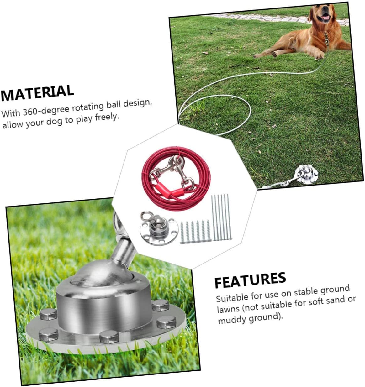 Rotating Stainless Steel Dog Stake with Swivel Ball Large Dog Anchor for Outdoor Camping Fixed Tie-Out Pile Ground Spike for Heavy Duty Use