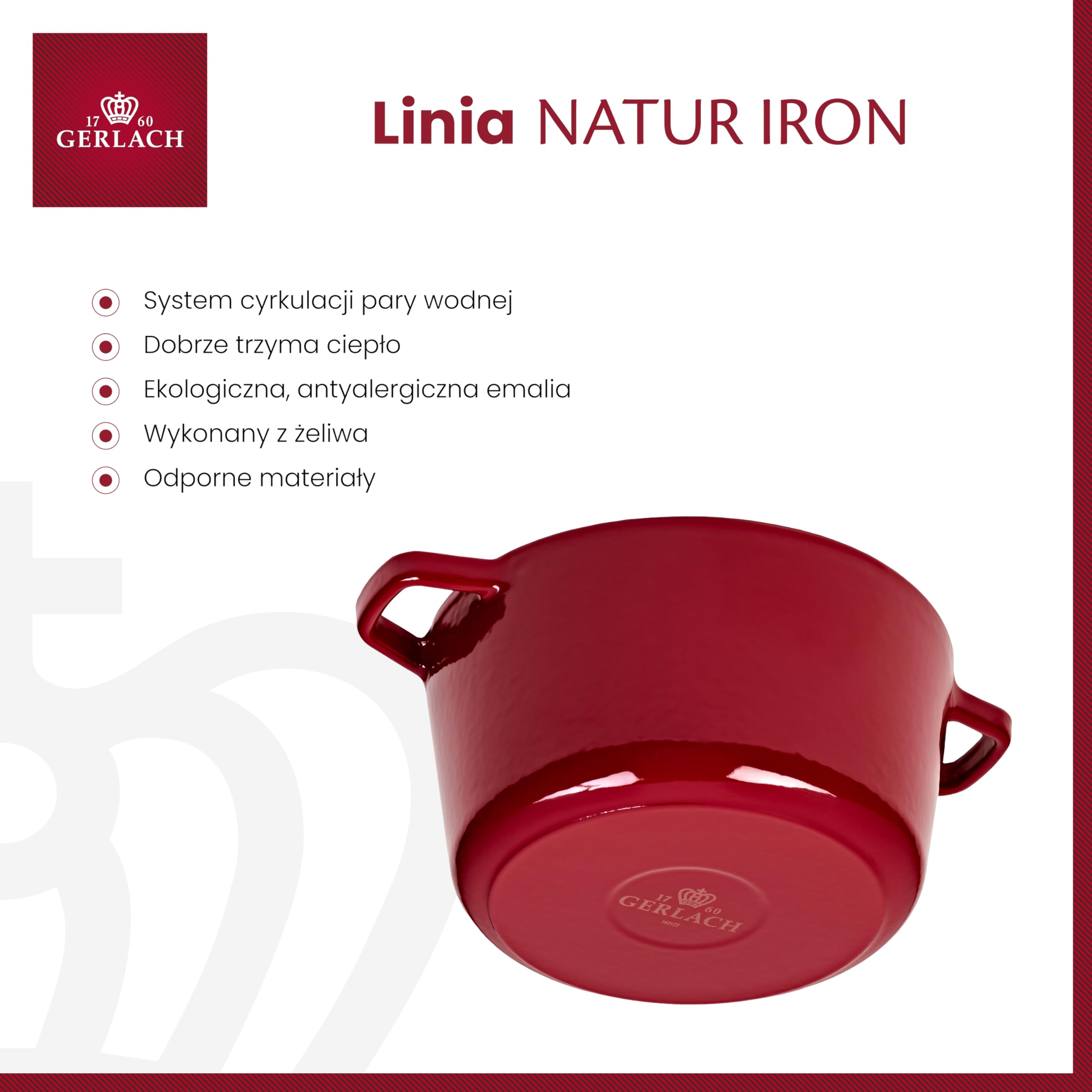 Gerlach 1760 Żeliwny Garnek Do Pieczenia Garnek Do Gotowania Smażenia Emaliowany Z Pokrywką 3 l Bordowy Natur Iron