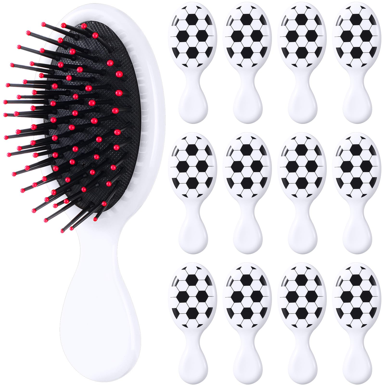 SiliFine 12 mini cepillos de pelo de viaje para deportes de fútbol, mini cepillo desenredante de fútbol, cepillo de pelo pequeño, cerdas de fútbol, cepillo desenredante de plástico para regalo de