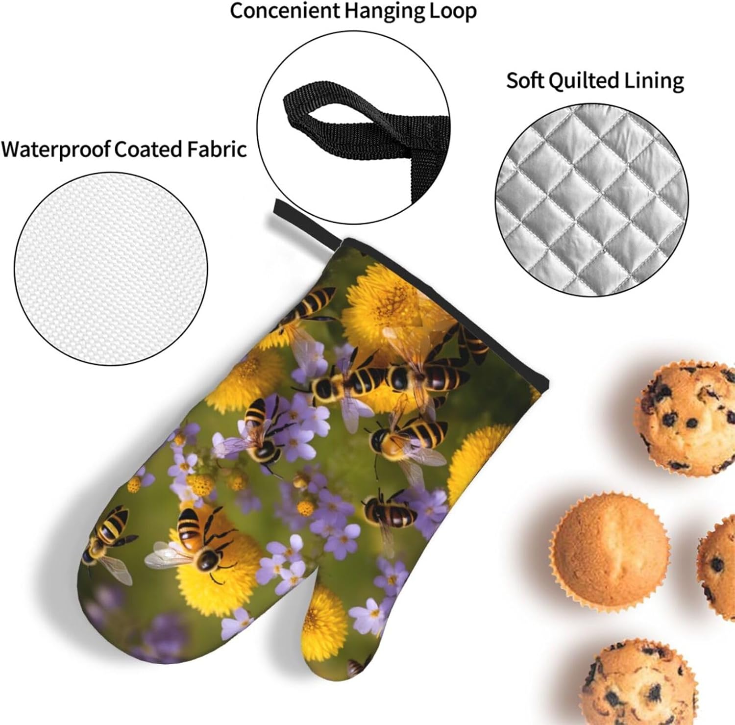 Rural Honey Bees Wildflowers Print Heat Resistant Microwave Gloves, Used for Baking, Cooking, and Fashion Kitchen Essentials
