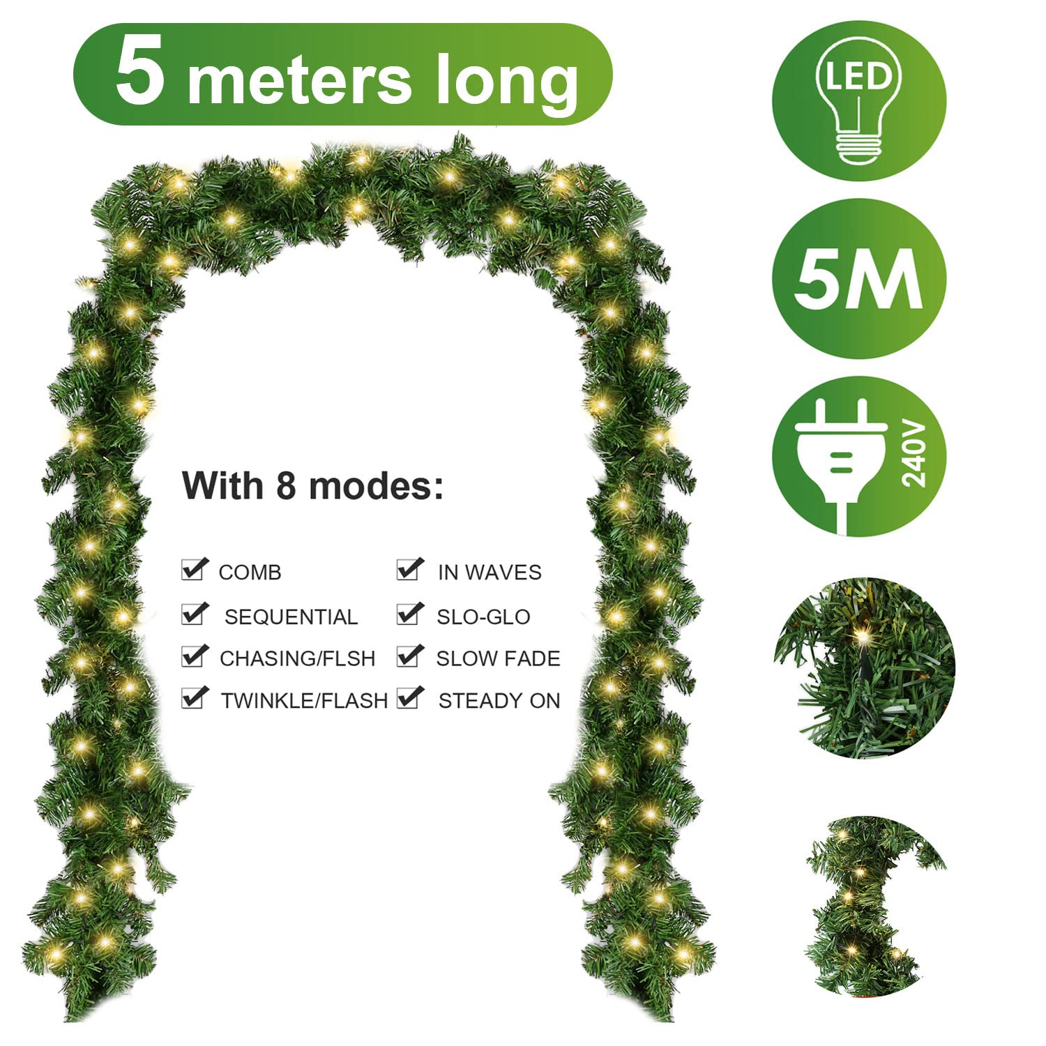 Weihnachtsgirlande mit Beleuchtung, 2er 5M Künstlich Tannengirlande mit 100 LEDs Warmweiß 8 Modus Lichterketten, Girlande Weihnachten Weihnachtsdeko Innen und Außen, Grün