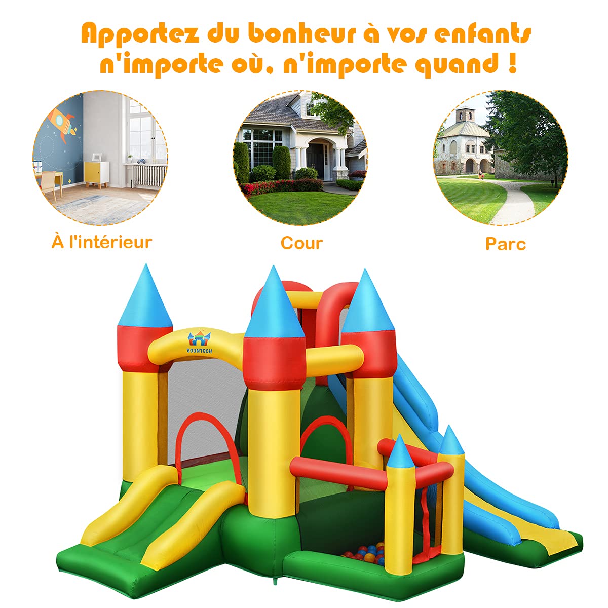COSTWAY Château Gonflable avec 2 Toboggans et Souffleur, Aire de Jeux Gonflable avec Maison de Saut et Piscine à Balles, Panier de Basket, 60 Balles, Charge 135kg pour Enfant de 3-10 Ans