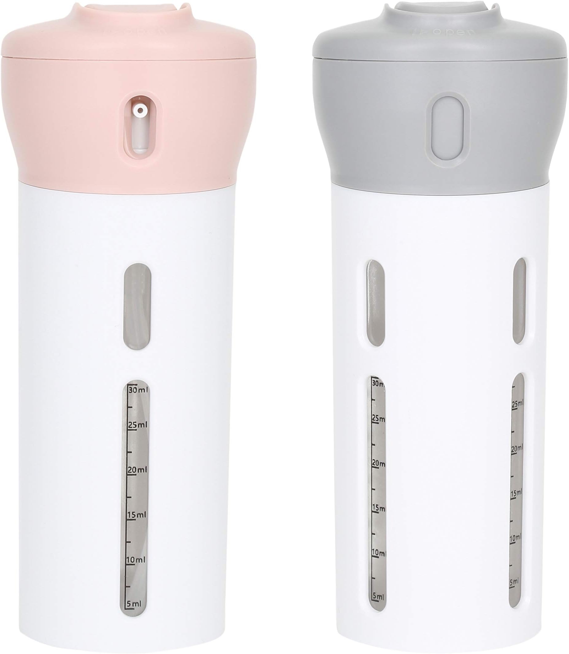 TravigoTravigo 2 Pieces 4-in-1 Travel Bottle Set, Dispenser, Includes Four 40 mL Cosmetic Toiletry Containers for Shampoo, Lotions, Skincare, Makeup Products (Gray-Pink (2-PC SET))