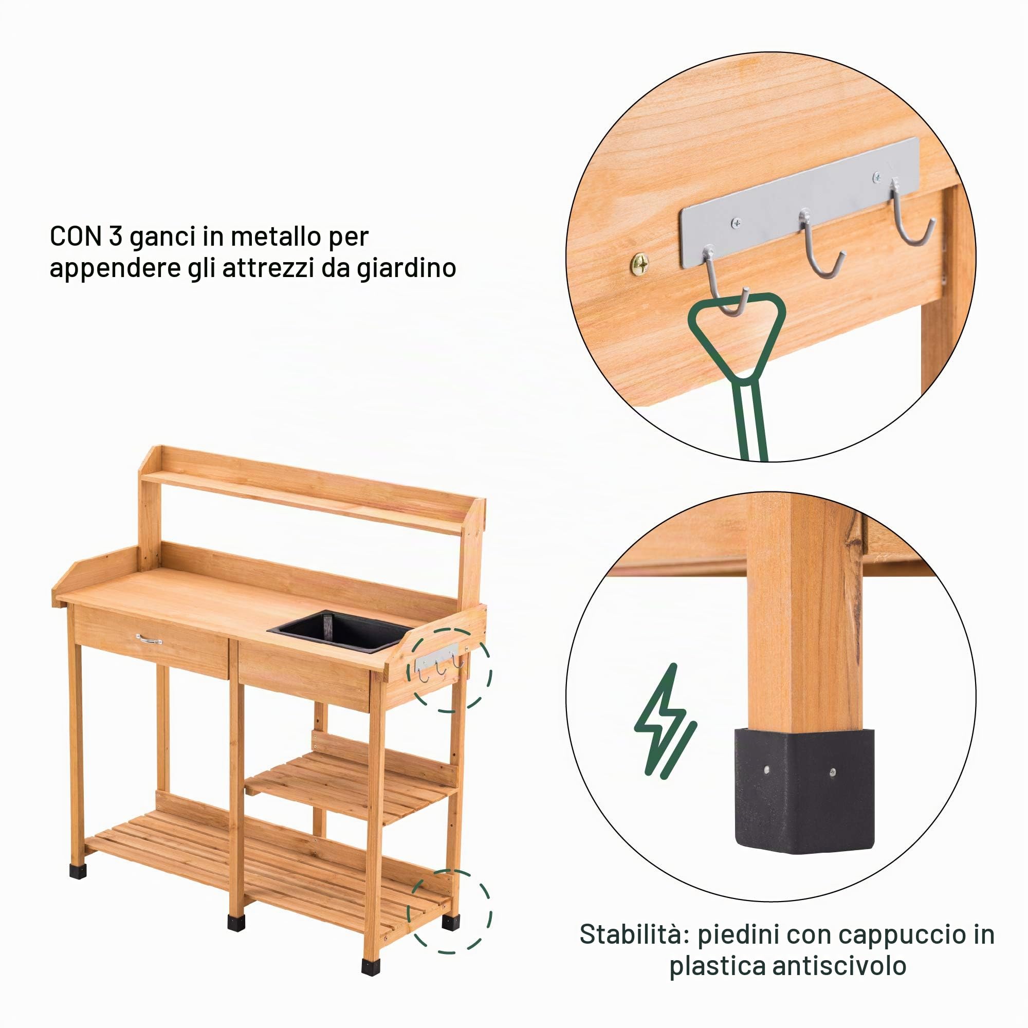 MCombo 0458 - Tavolo da giardino con lavabo e ripiano in legno, resistente alle intemperie, 115 x 45 x 121 cm, (Naturale, 115 cm (L) x 45 cm (B) x 121 cm (H))
